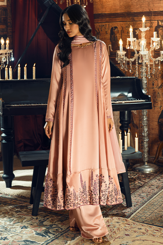 Pakistani Tea Pink Embroidered Shamoz Silk Kalidar (3-Piece) - Image 2