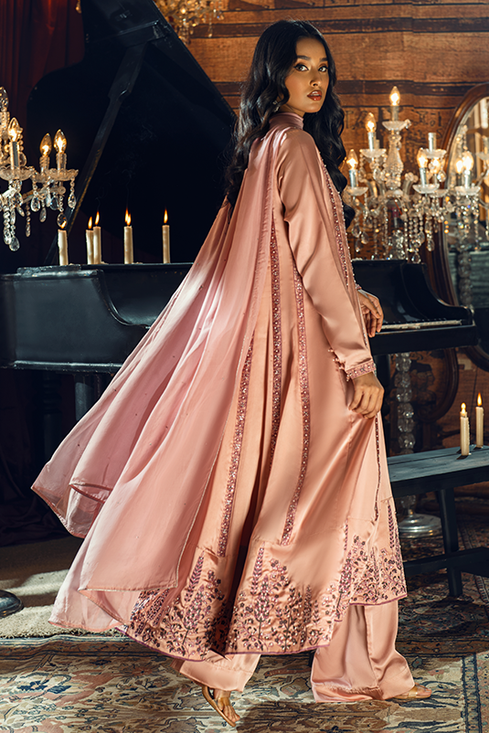 Pakistani Tea Pink Embroidered Shamoz Silk Kalidar (3-Piece) - Image 5