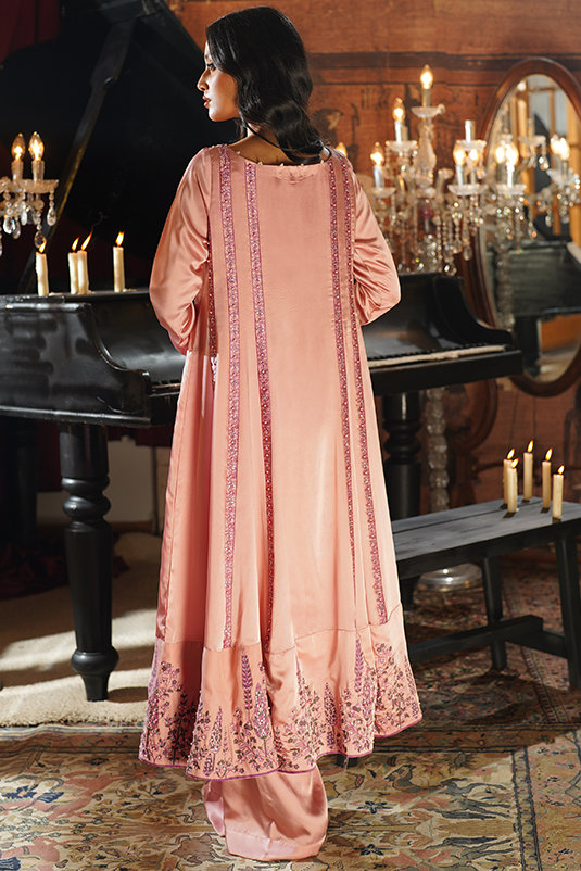 Pakistani Tea Pink Embroidered Shamoz Silk Kalidar (3-Piece) - Image 7