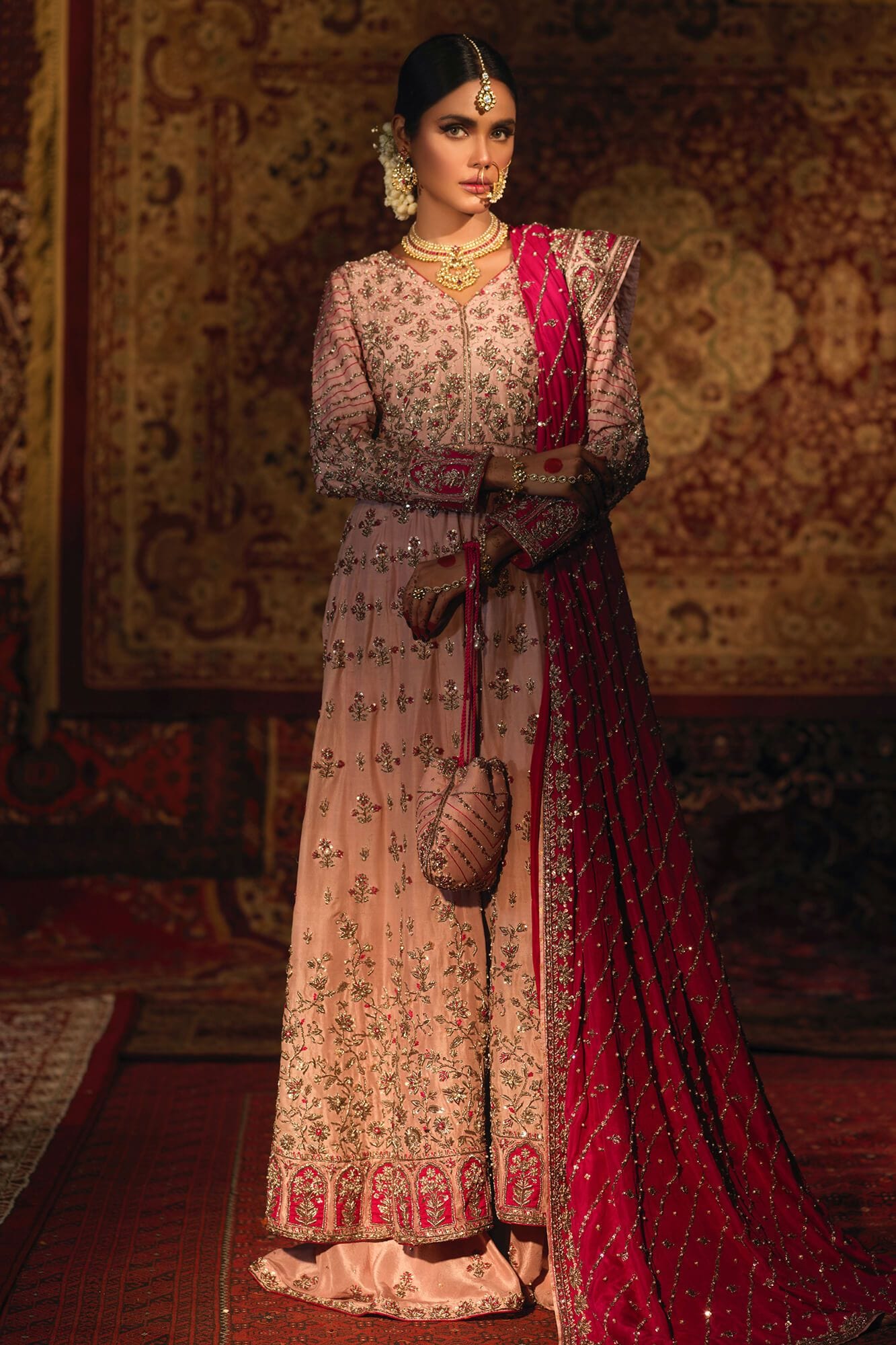 Pakistani Blush Pink Embellished Silk Kalidar Frock (3-Piece) - Image 3