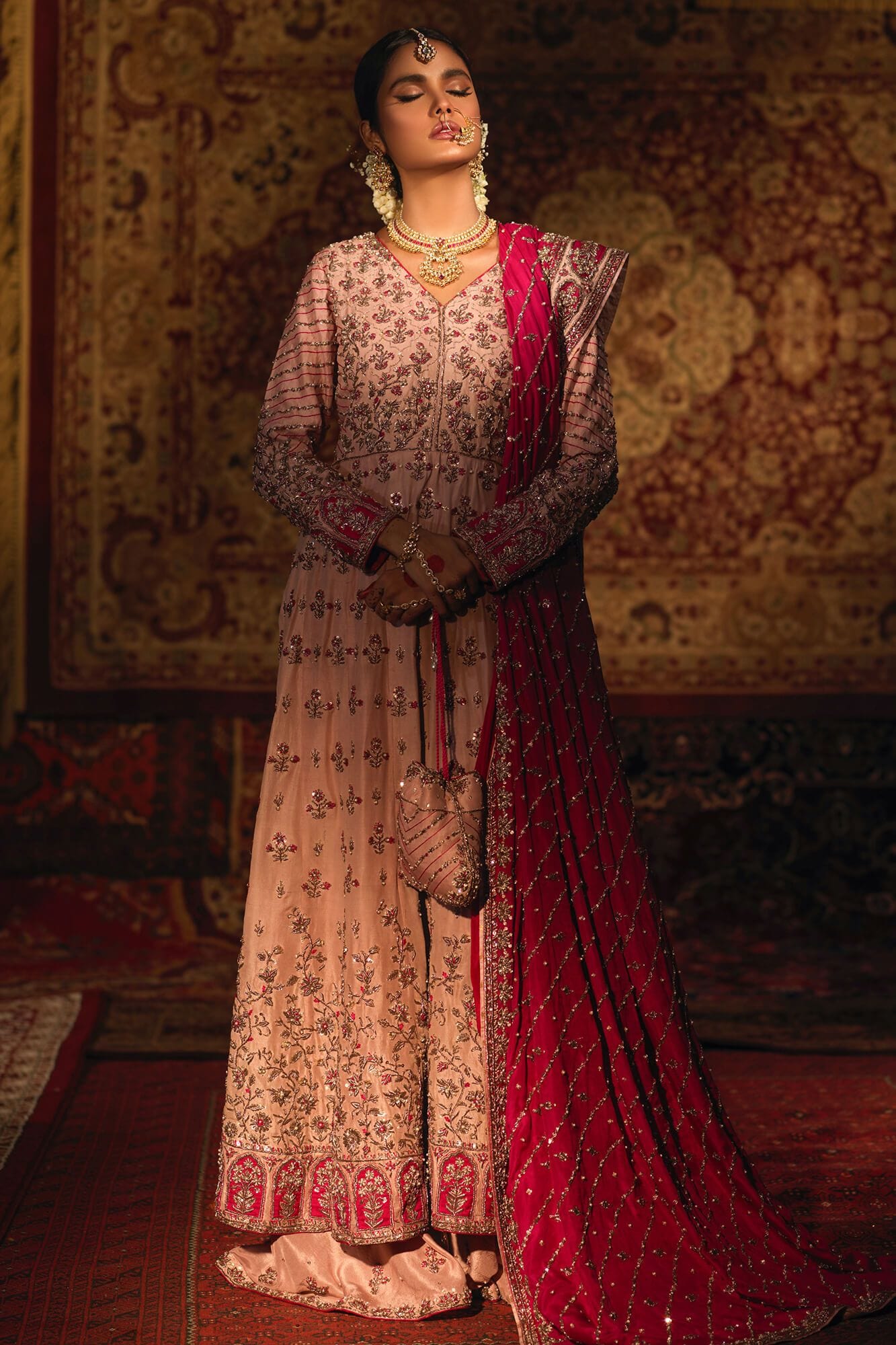 Pakistani Blush Pink Embellished Silk Kalidar Frock (3-Piece) - Image 4
