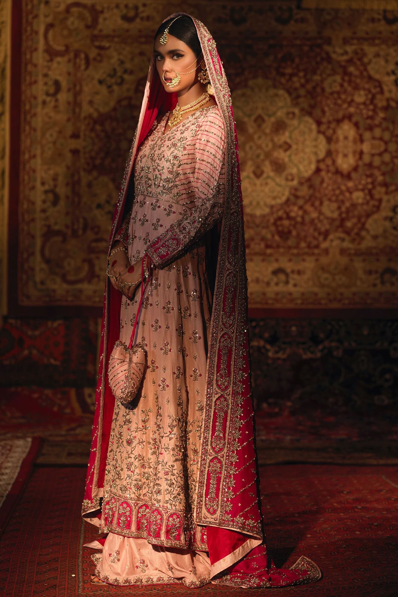 Pakistani Blush Pink Embellished Silk Kalidar Frock (3-Piece) - Image 6