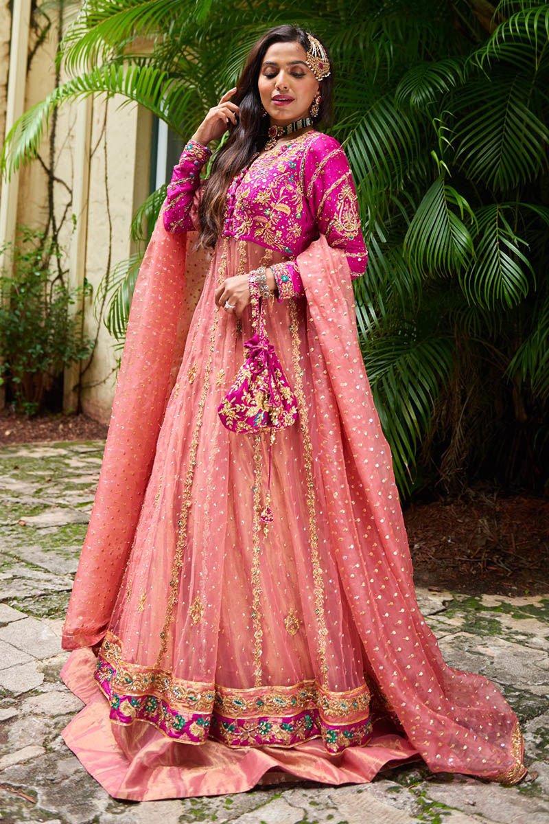 Magenta and Melon Embroidered Tissue Kalidar (3-Piece) - Image 1