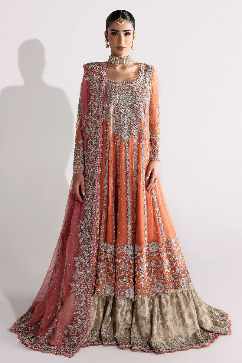 Indian Coral Pink Zardozi Tissue Kalidaar Dress (2-Piece) - Image 1
