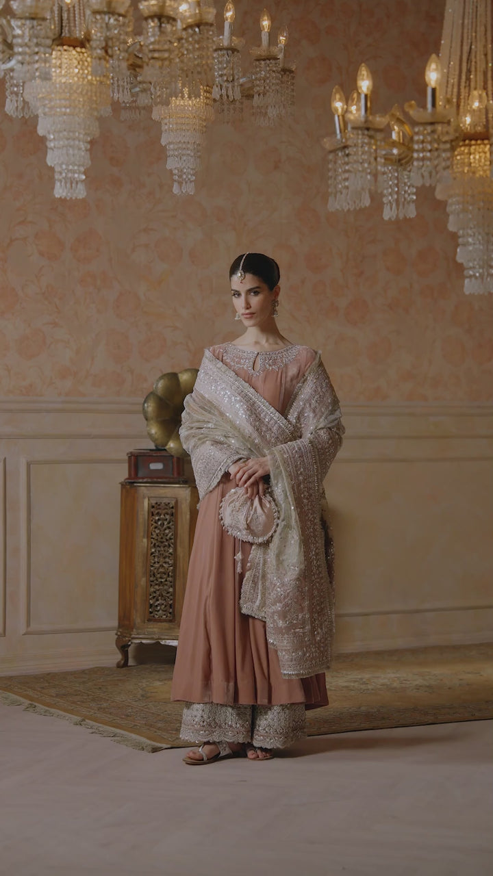 Pakistani Tea Pink Embellished Velvet Kalidaar (3-Piece) - Image 7