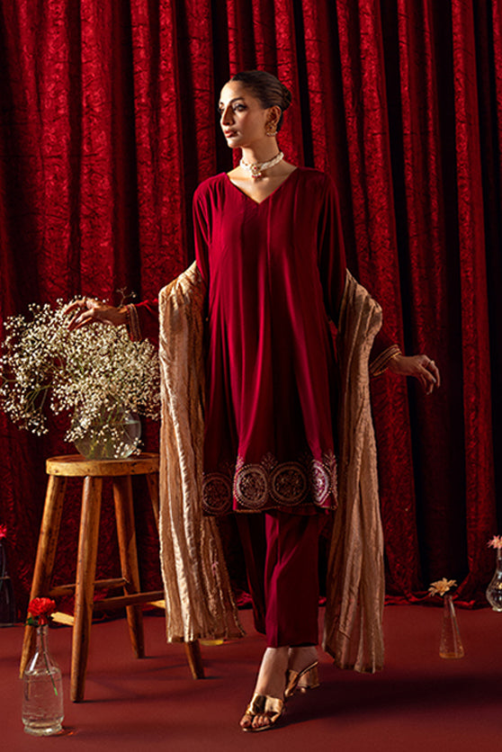 Pakistani Fuchsia Pink Embellished Velvet Kalidar (3-Piece) - Image 5