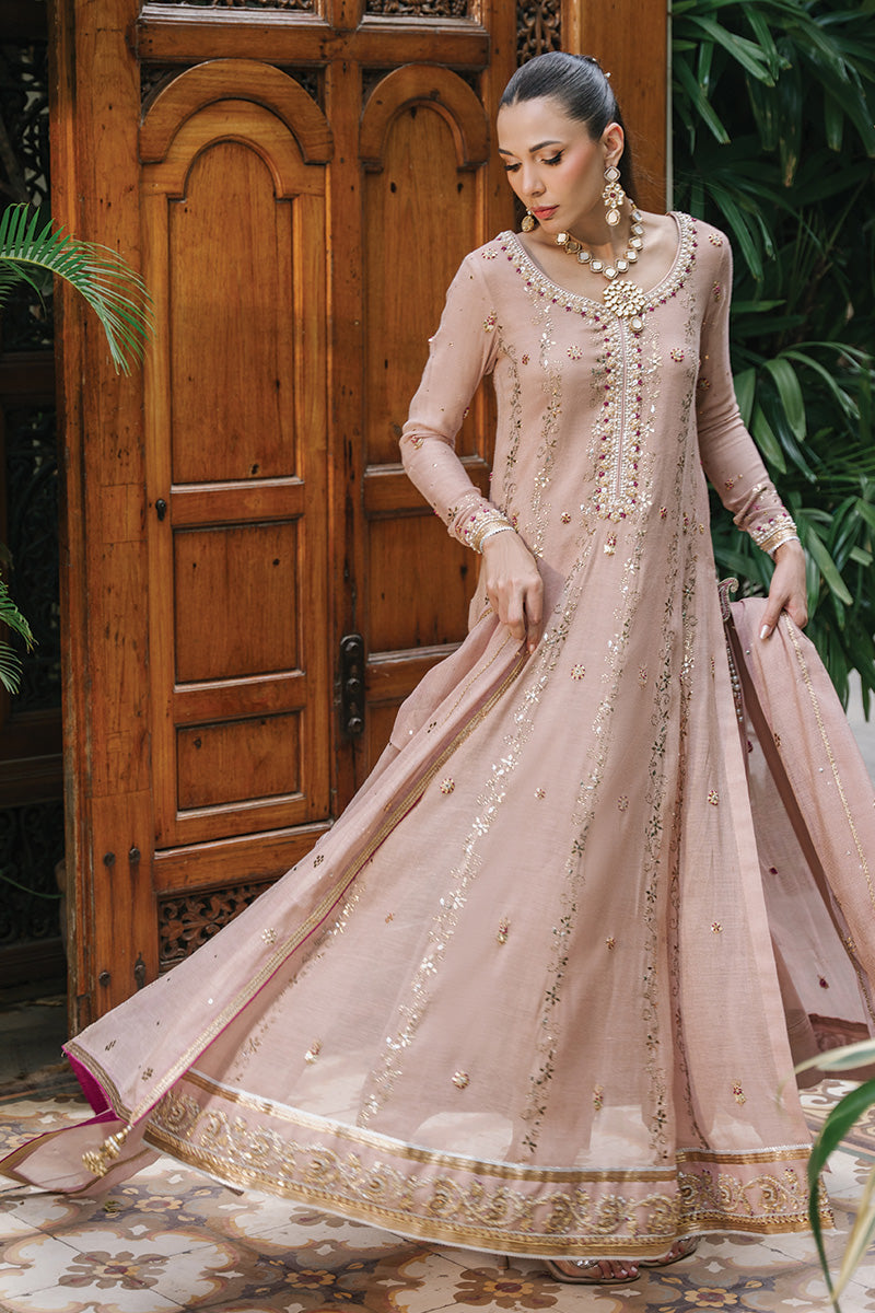 Nude Pink Hand-Embroidered Zari Net Kalidar (3-Piece) - Image 2