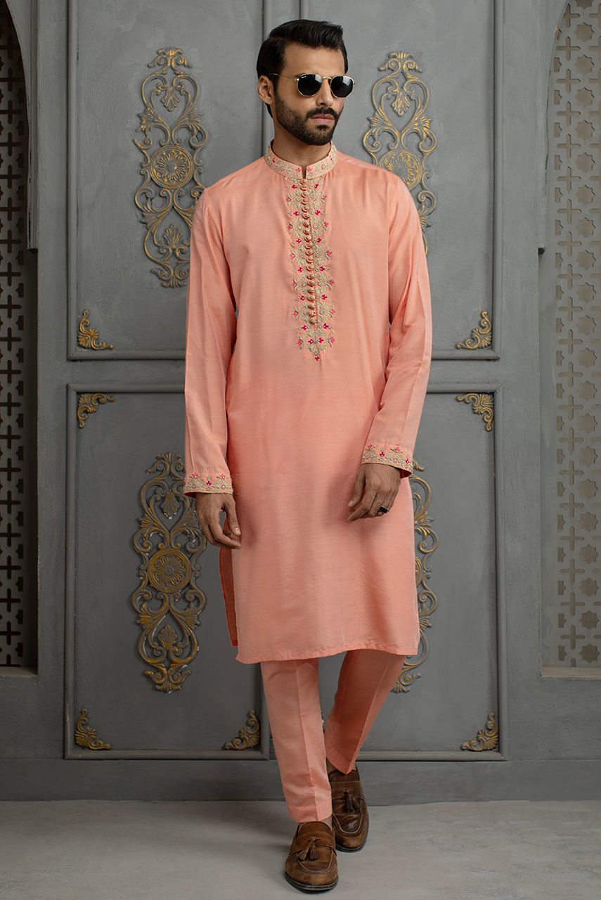 Peach Embroidered Cotton Silk Kurta Pajama (2-Piece) - Image 1