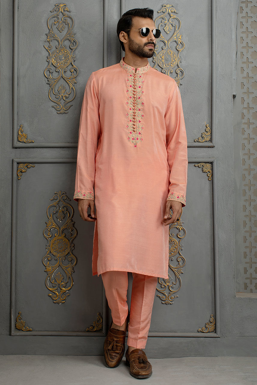 Peach Embroidered Cotton Silk Kurta Pajama (2-Piece) - Image 2