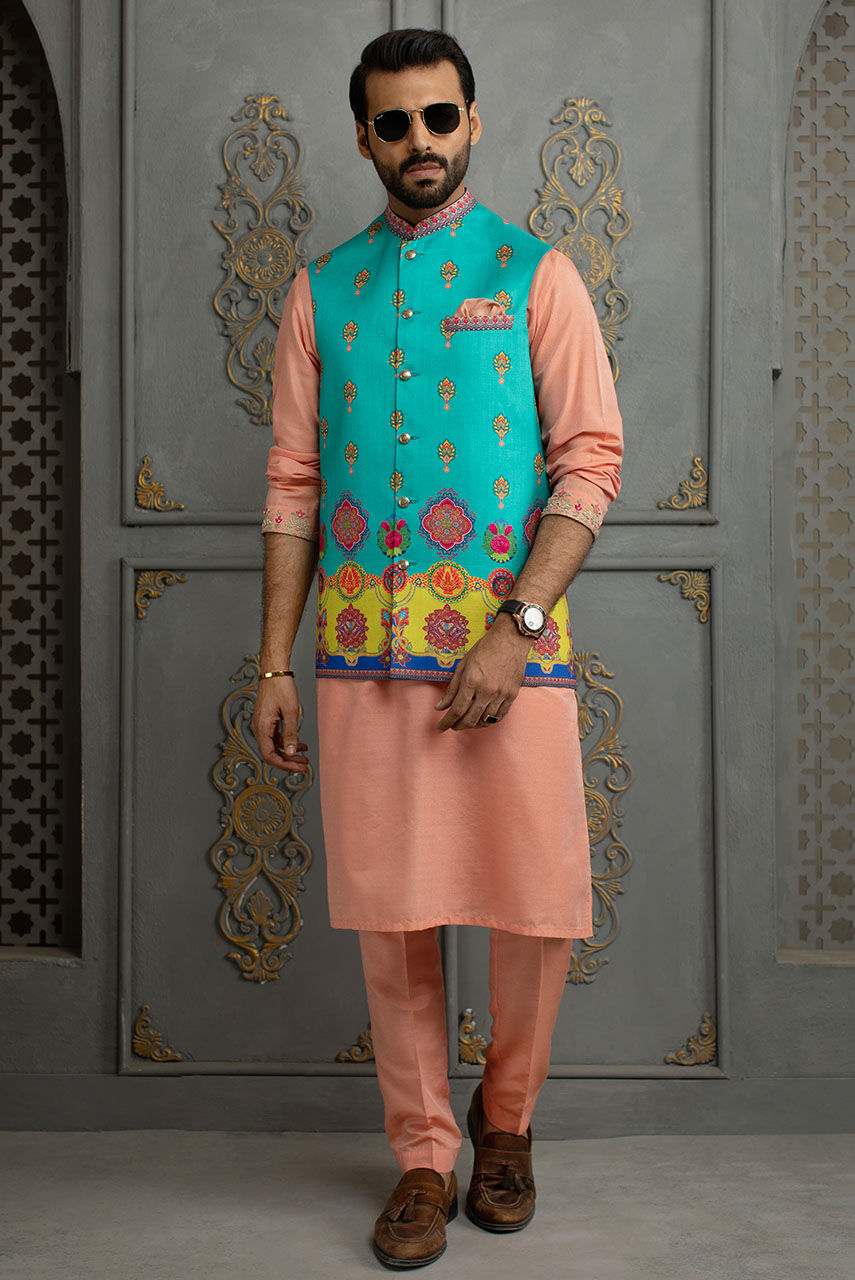 Peach Embroidered Cotton Silk Kurta Pajama (2-Piece) - Image 3