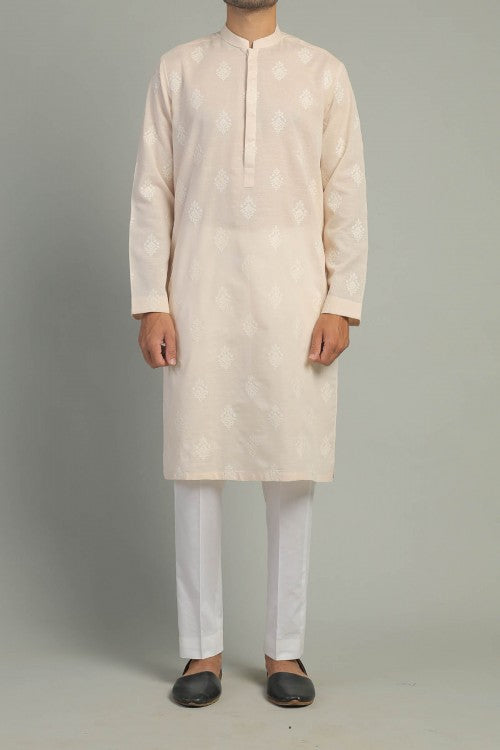 Baby Pink Embroidered Egyptian Cotton Kurta (2-Piece) - Image 1