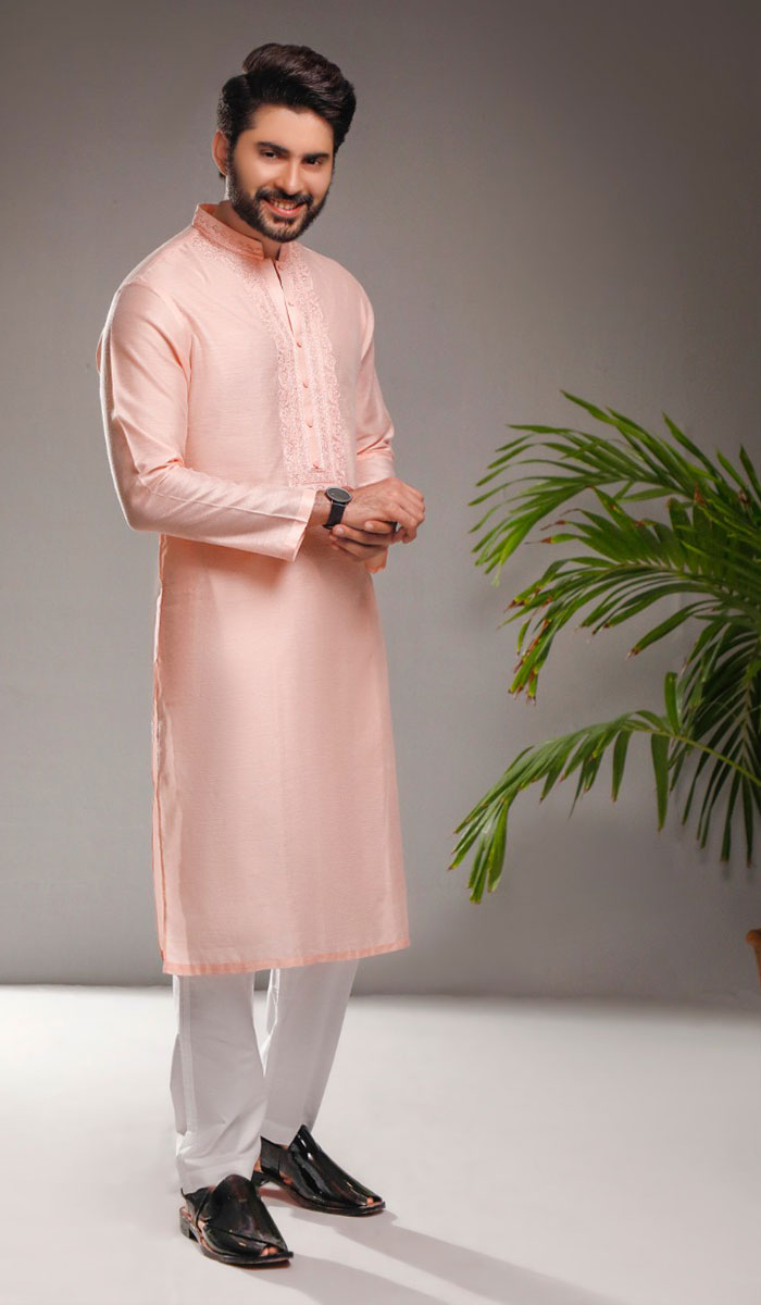 Ballet Slipper Pink Embroidered Mixed Fabric Kurta (2-Piece) - Image 1