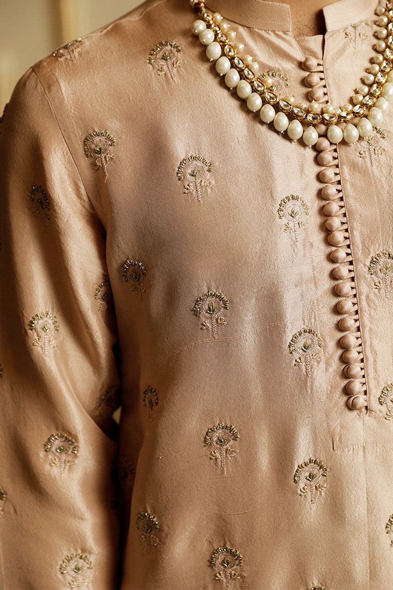 Pastel Pink Gold Tilla Raw Silk Kurta Pajama (2-Piece) - Image 3