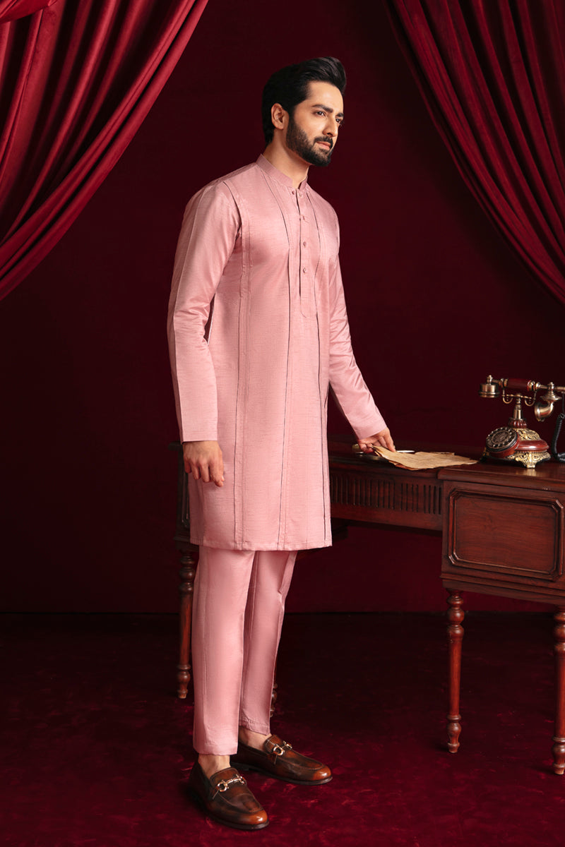 Salmon Pink Raw Silk Kurta Pajama (2-Piece) - Image 1