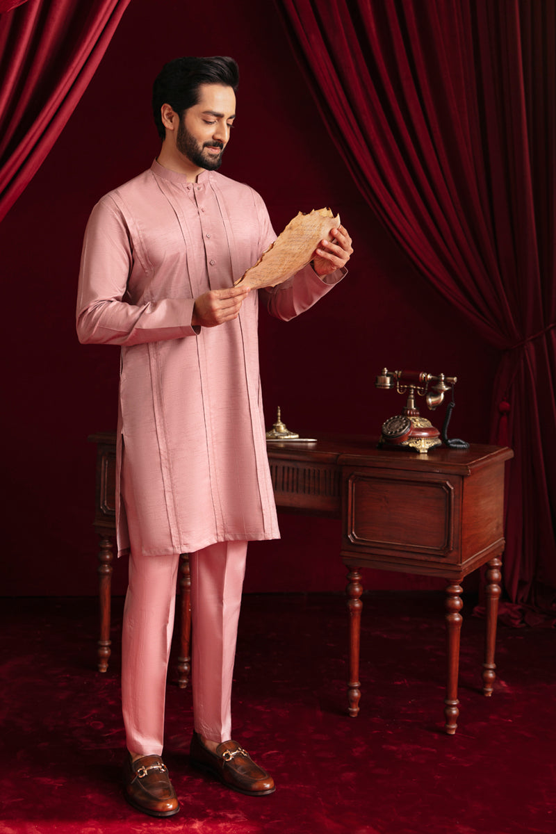 Salmon Pink Raw Silk Kurta Pajama (2-Piece) - Image 3