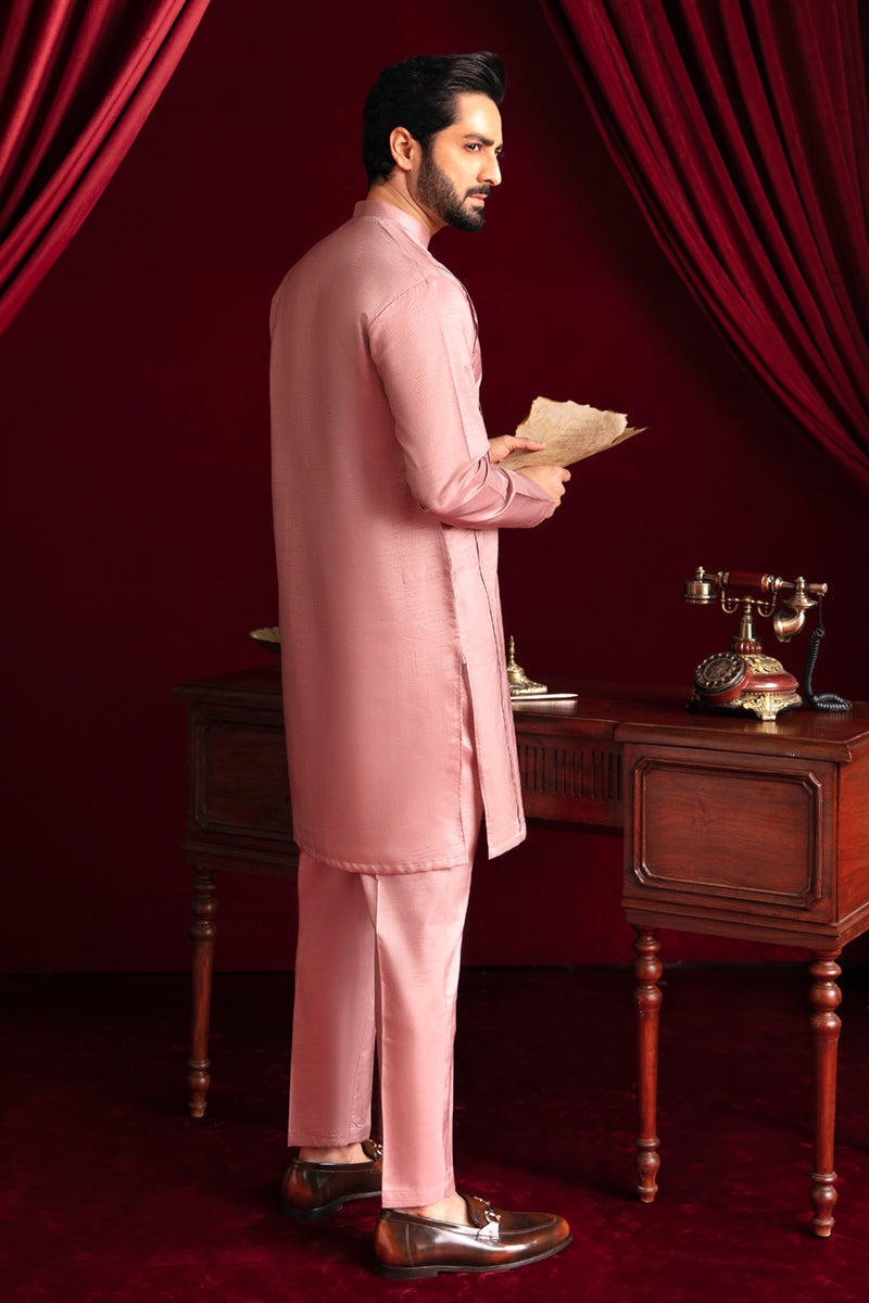 Salmon Pink Raw Silk Kurta Pajama (2-Piece) - Image 4