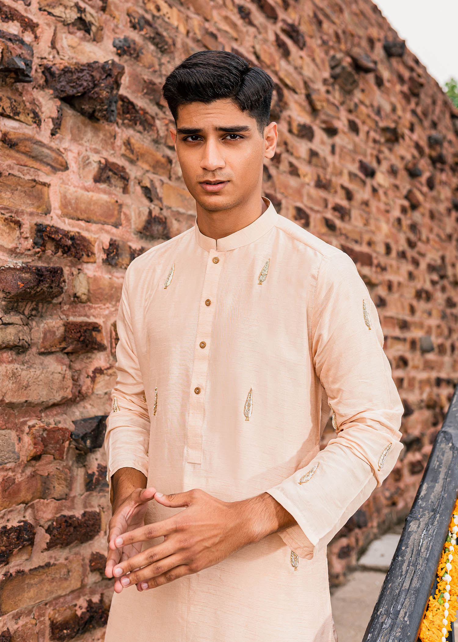 Peach Hand-Embroidered Korean Raw Silk Kurta (2-Piece) - Image 4