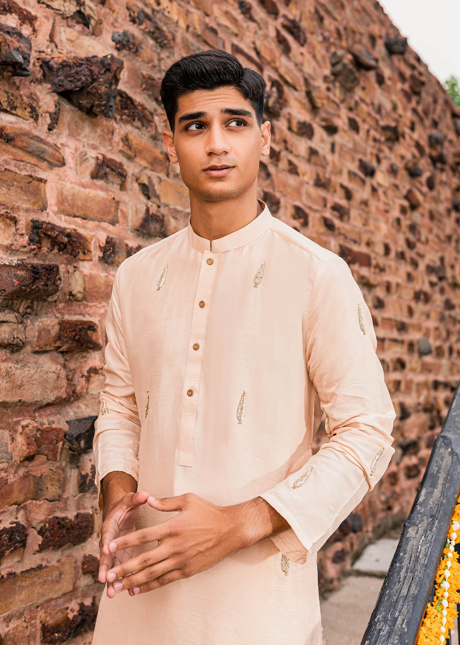 Peach Hand-Embroidered Korean Raw Silk Kurta (2-Piece) - Image 5