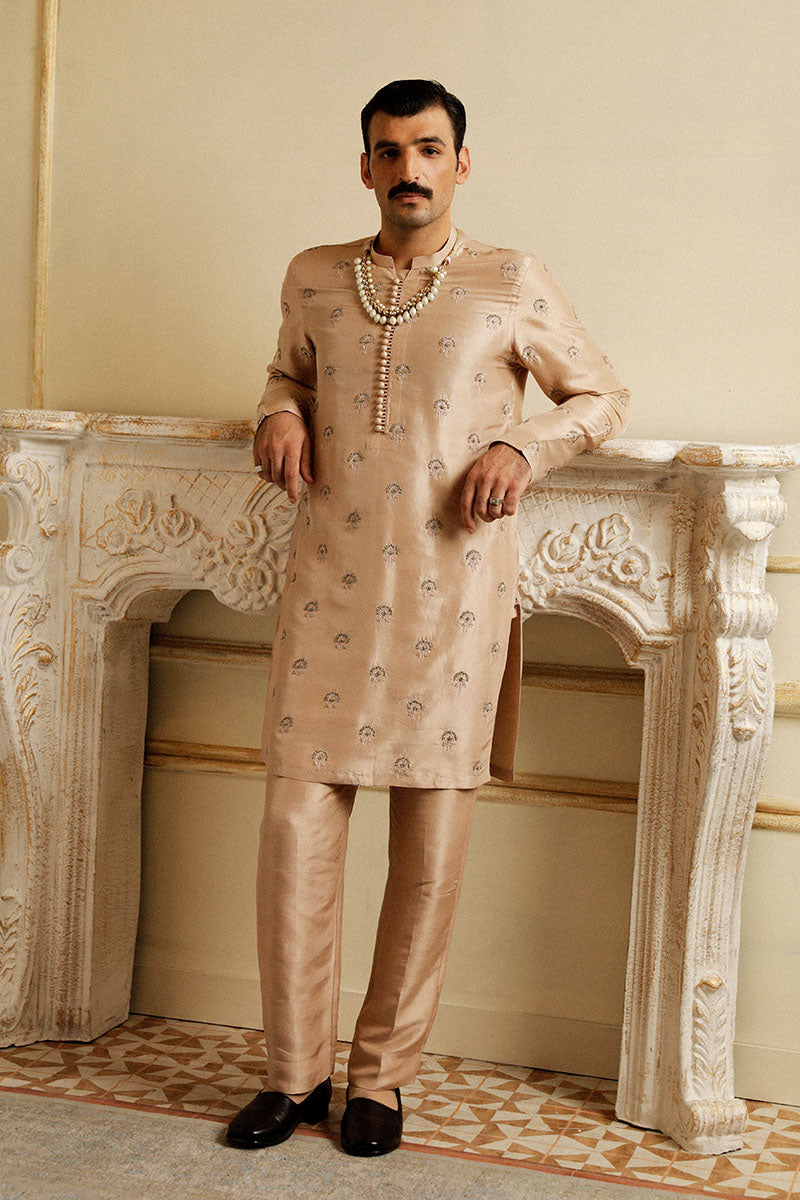 Pastel Pink Gold Tilla Raw Silk Kurta Pajama (2-Piece) - Image 1
