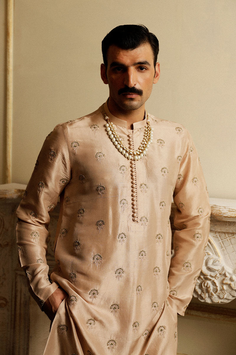 Pastel Pink Gold Tilla Raw Silk Kurta Pajama (2-Piece) - Image 2