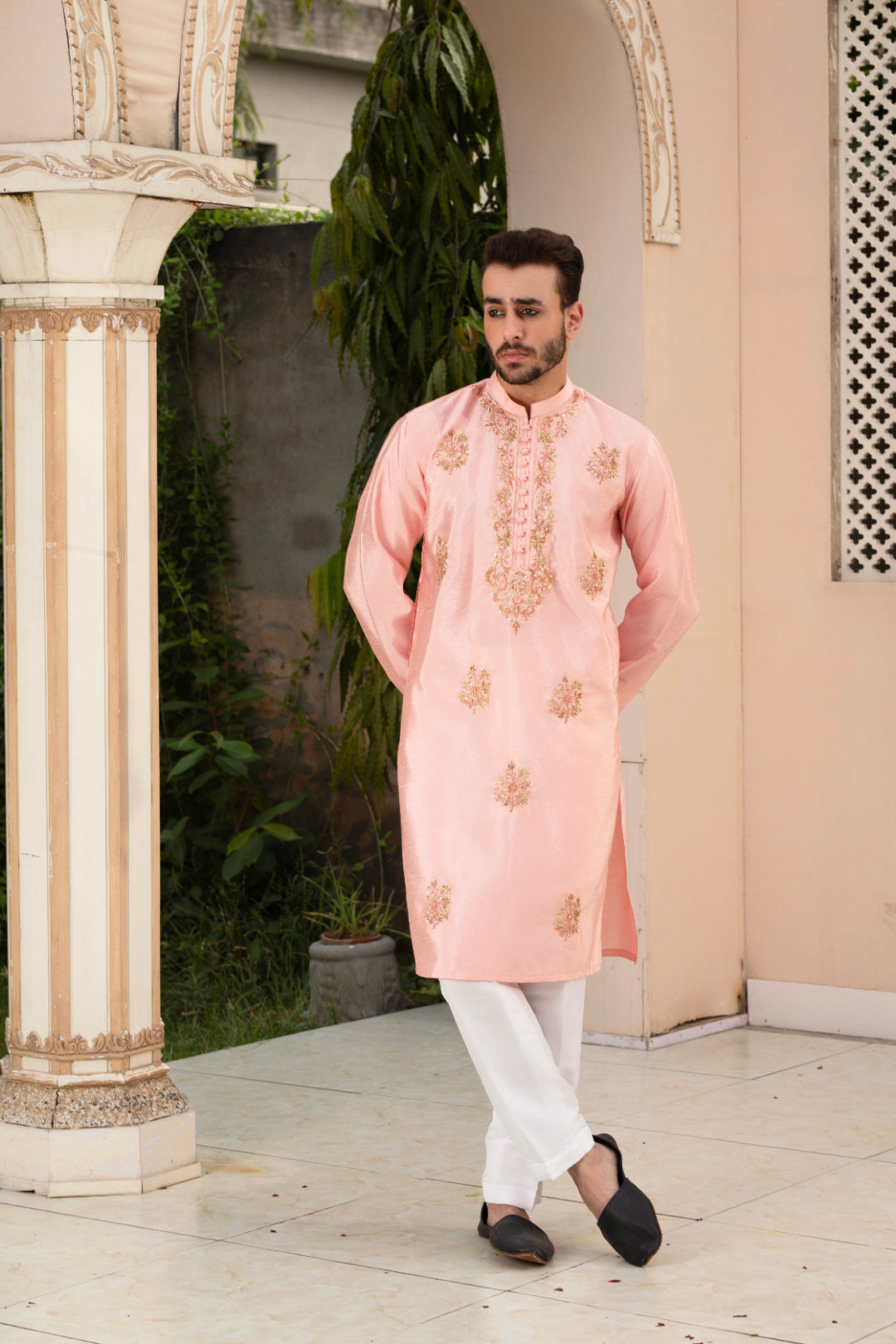 Light Pink Embroidered Silk Kurta Pajama (2-Piece) - Image 1