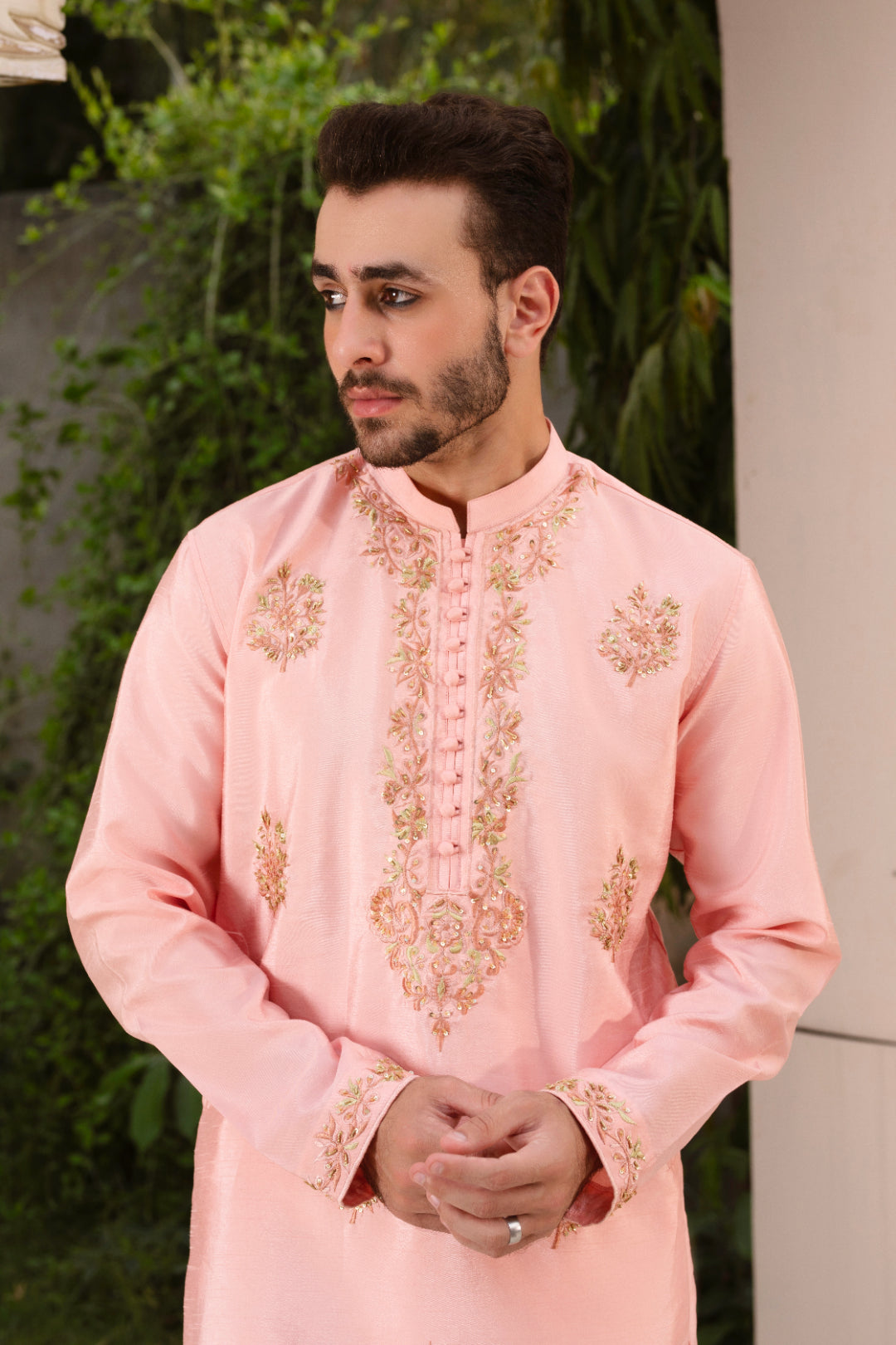 Light Pink Embroidered Silk Kurta Pajama (2-Piece) - Image 4