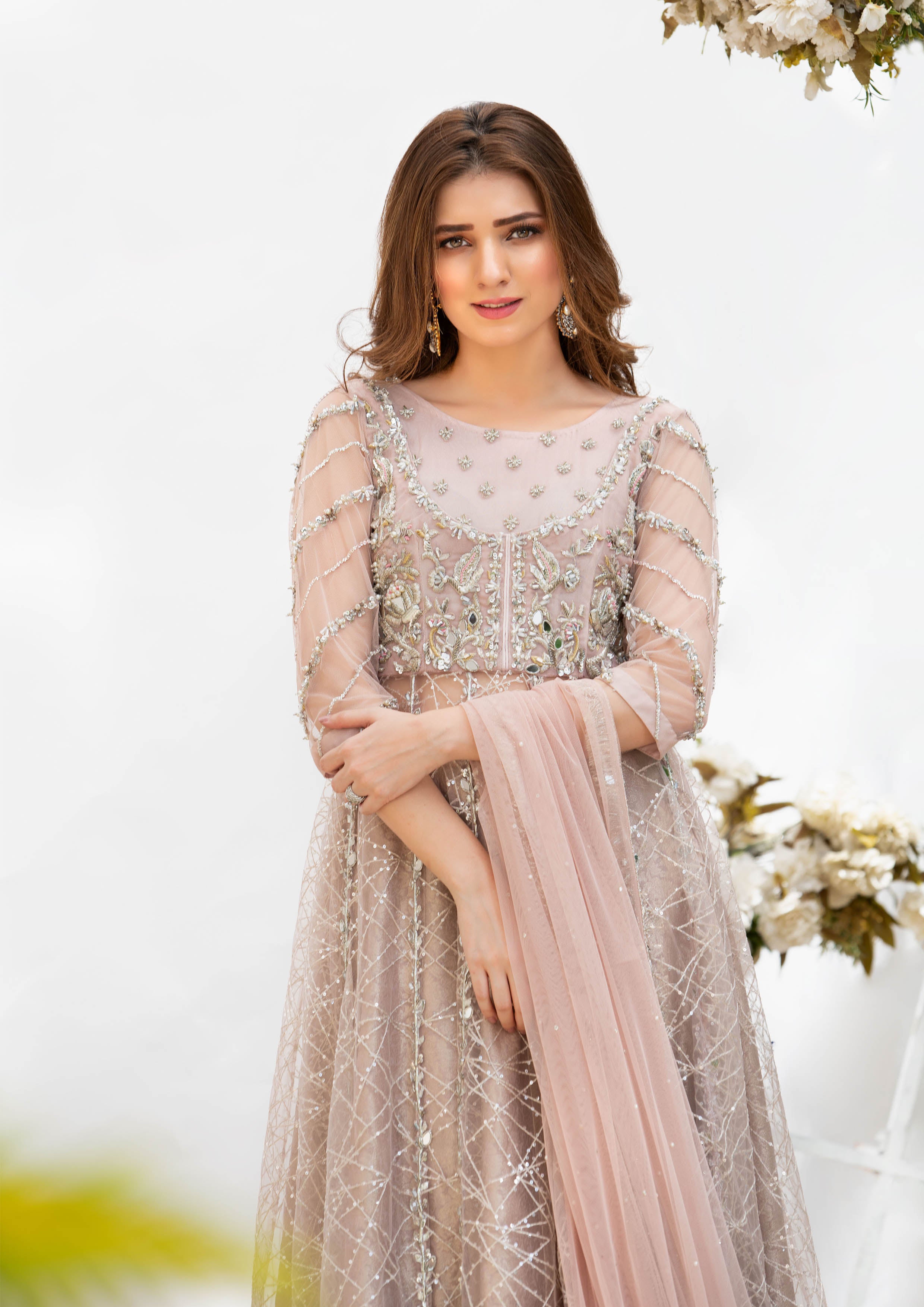 Pakistani Lilac Pink Embellished Banarsi Lehenga with Net Gown (3-Piece) - Image 3