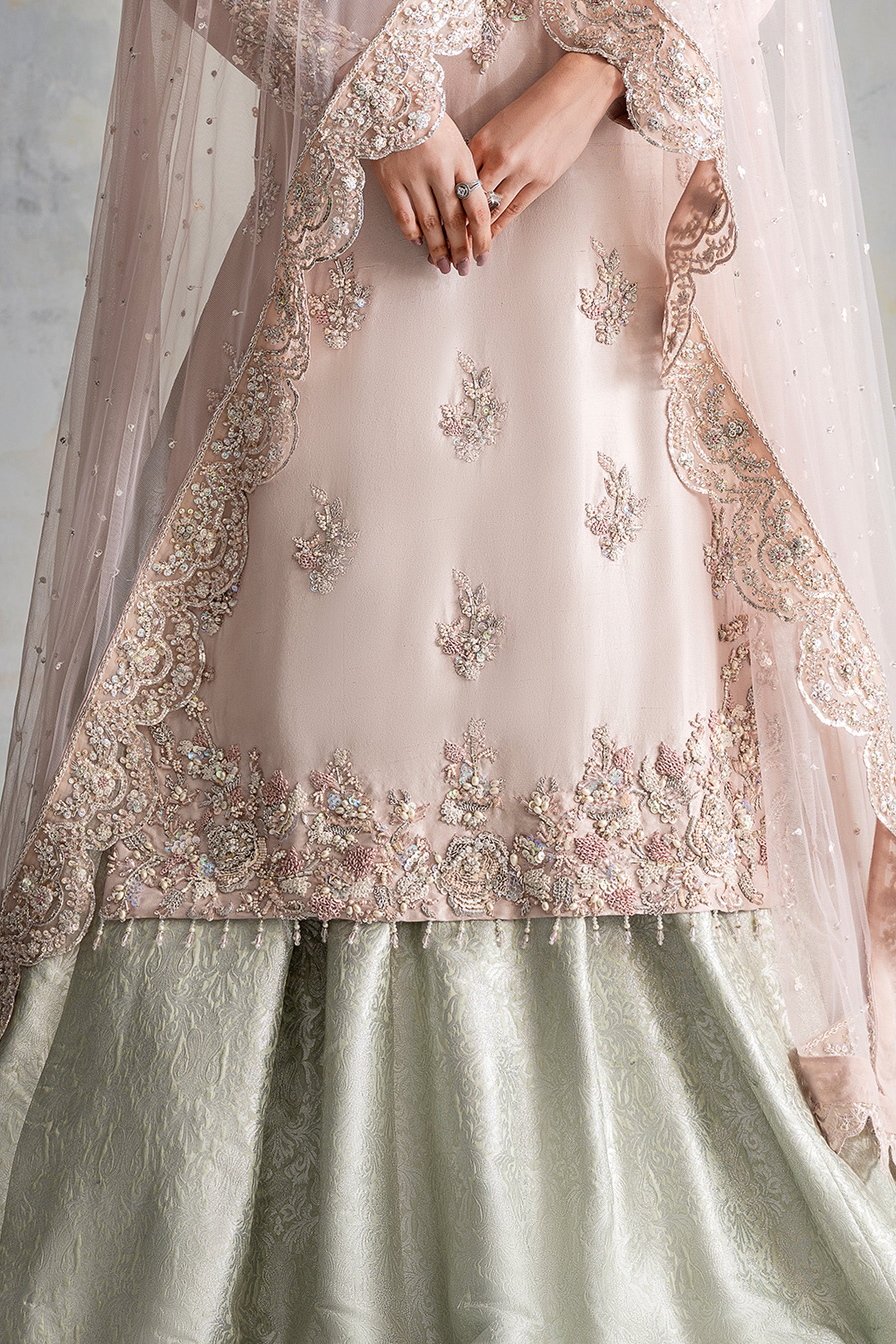 Soft Blush Pink Zardozi Silk Bridal Lehenga (3-Piece) - Image 4