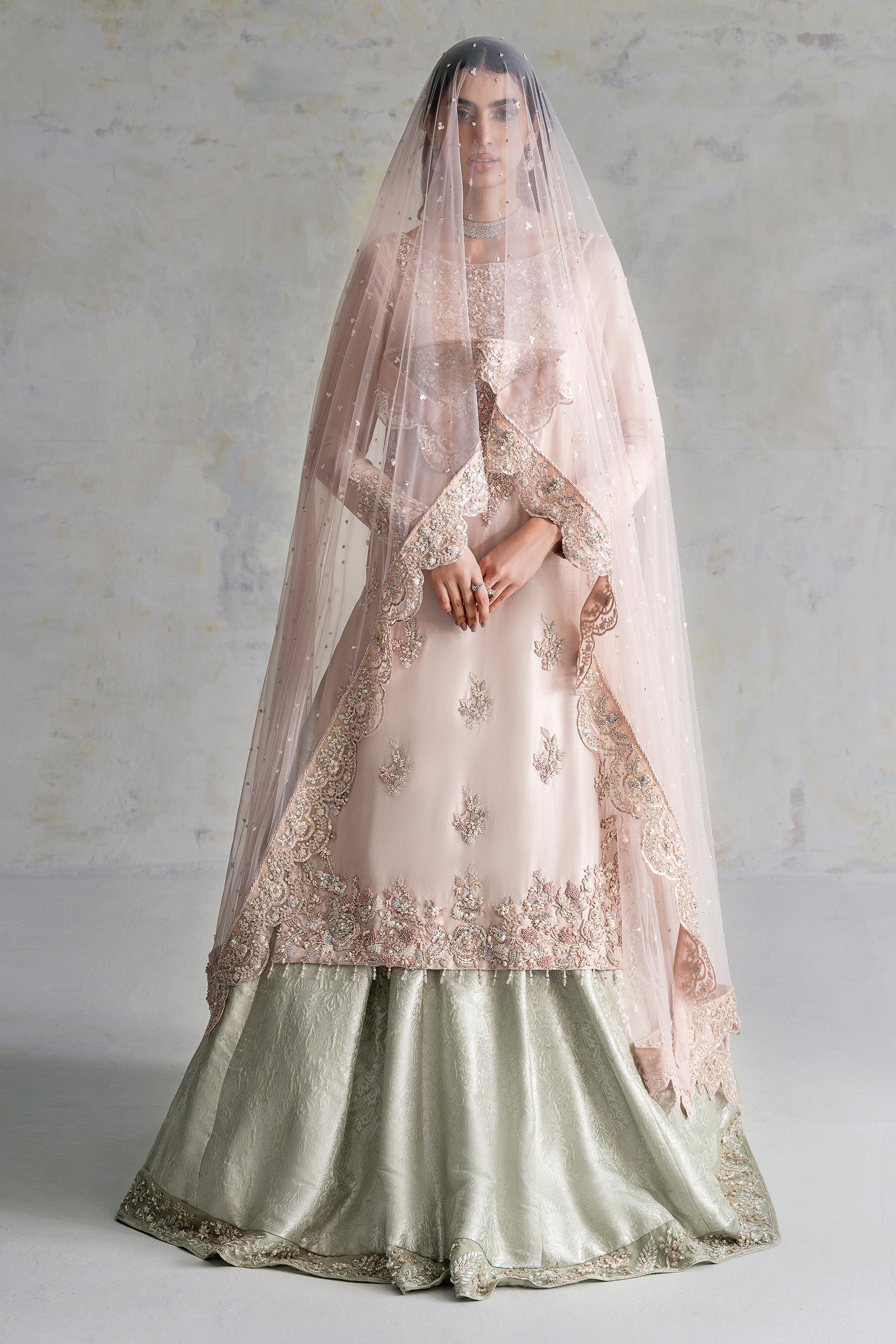 Soft Blush Pink Zardozi Silk Bridal Lehenga (3-Piece) - Image 5