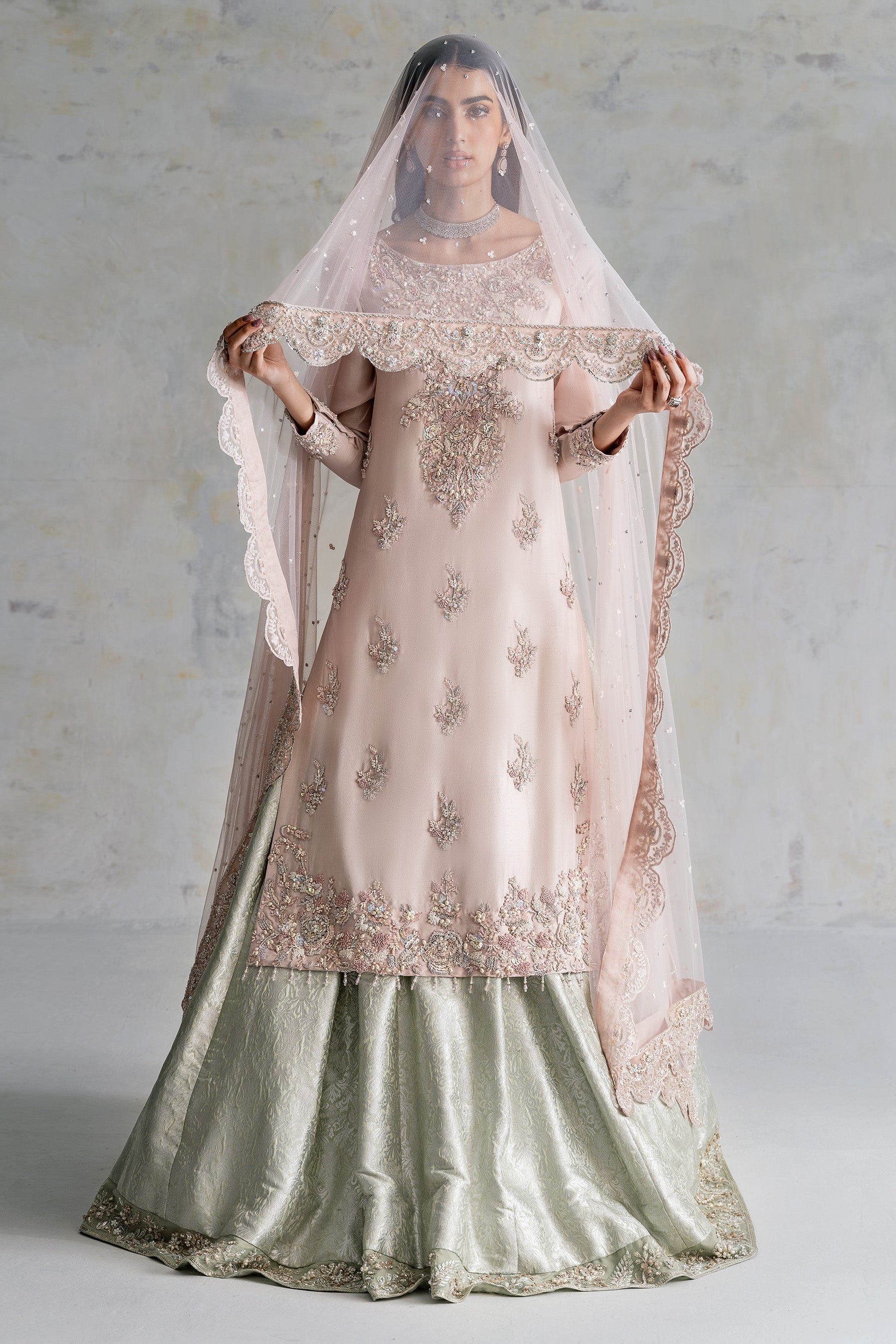 Pakistani Soft Blush Pink Zardozi Silk Bridal Lehenga (3-Piece) - Image 1