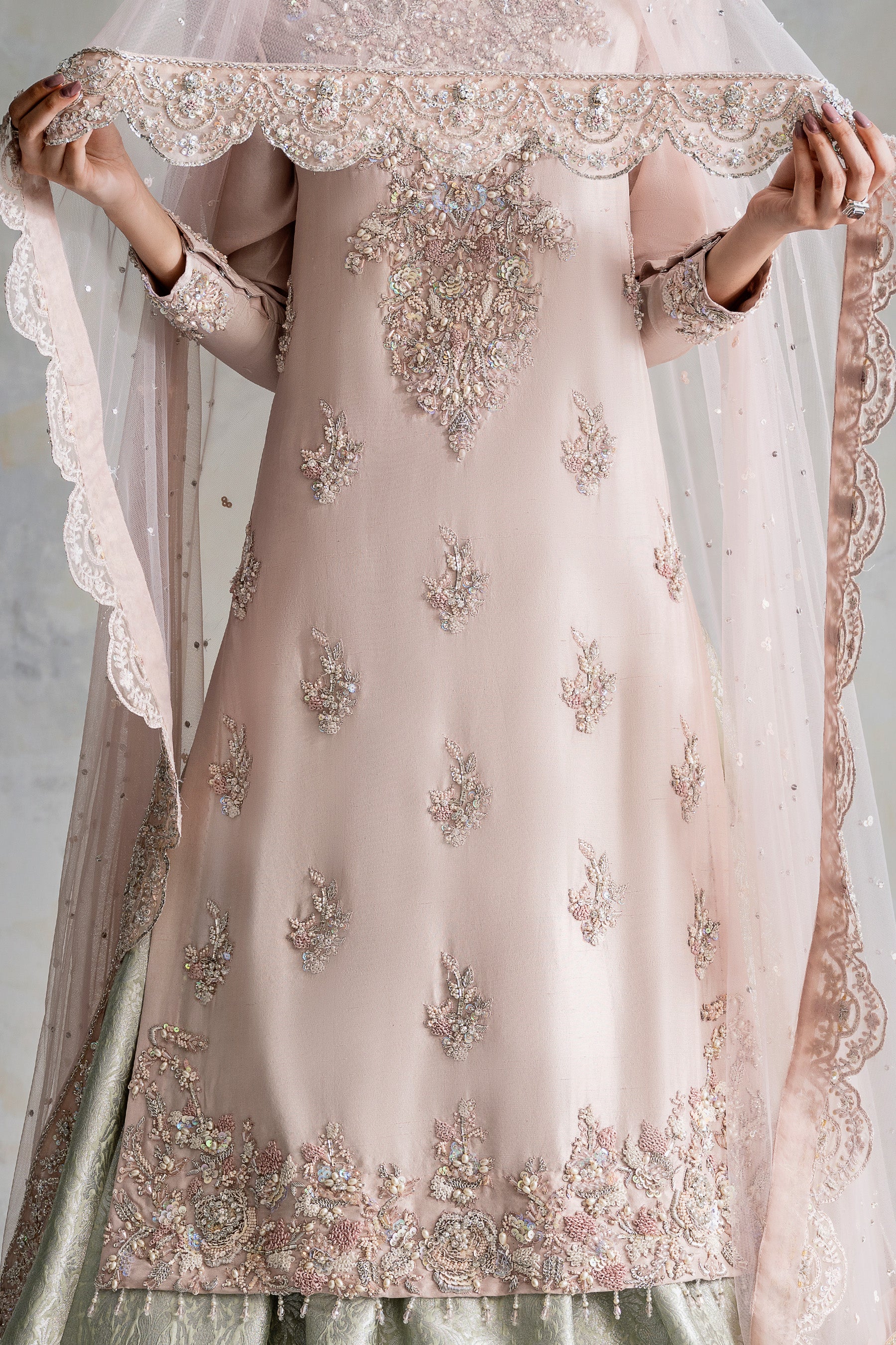 Pakistani Soft Blush Pink Zardozi Silk Bridal Lehenga (3-Piece) - Image 2