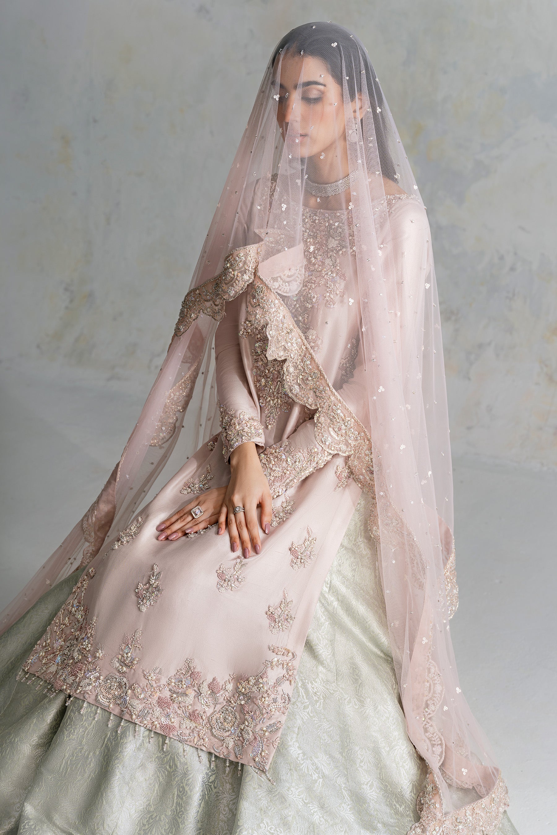 Pakistani Soft Blush Pink Zardozi Silk Bridal Lehenga (3-Piece) - Image 3