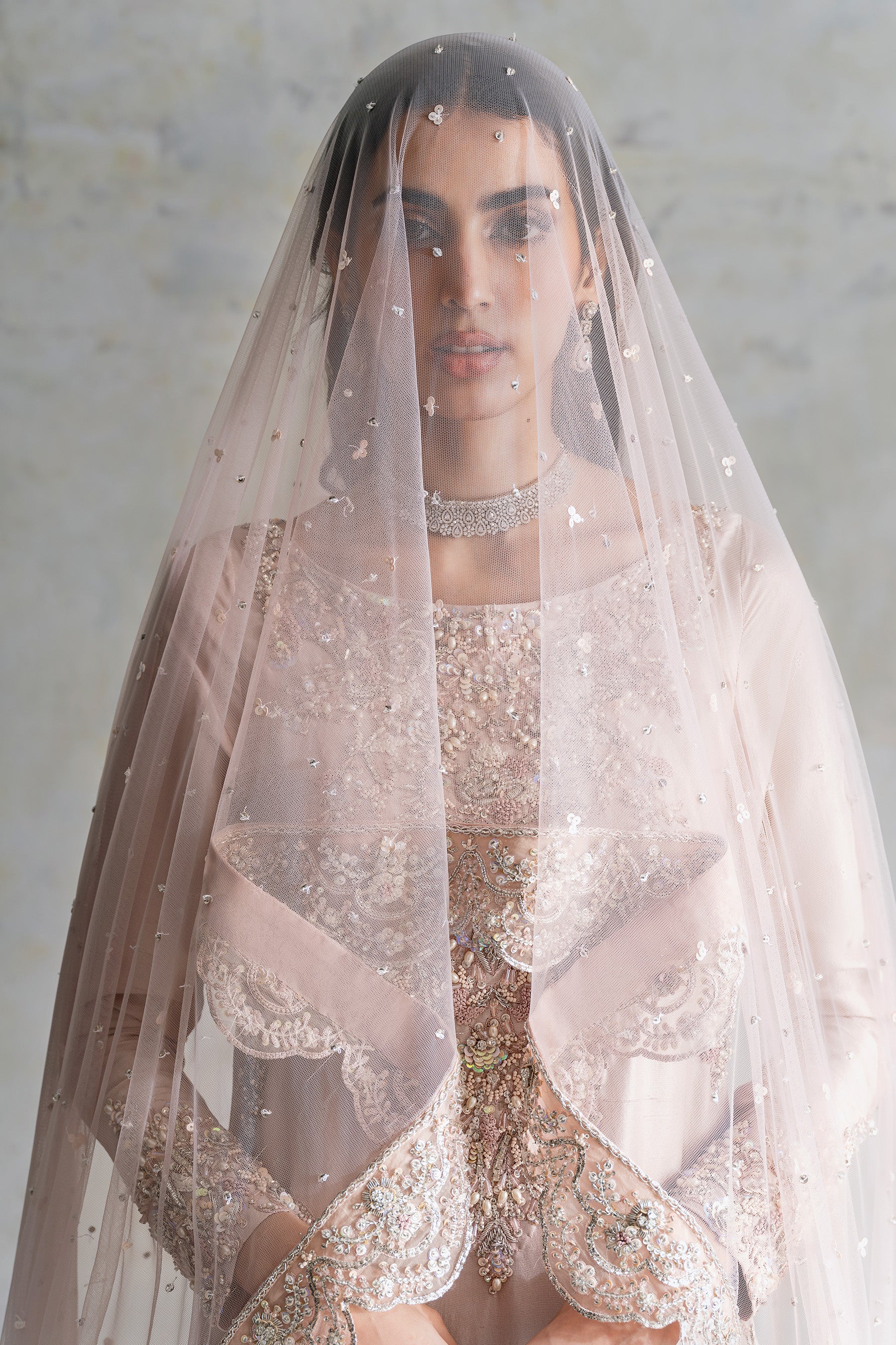 Pakistani Soft Blush Pink Zardozi Silk Bridal Lehenga (3-Piece) - Image 6