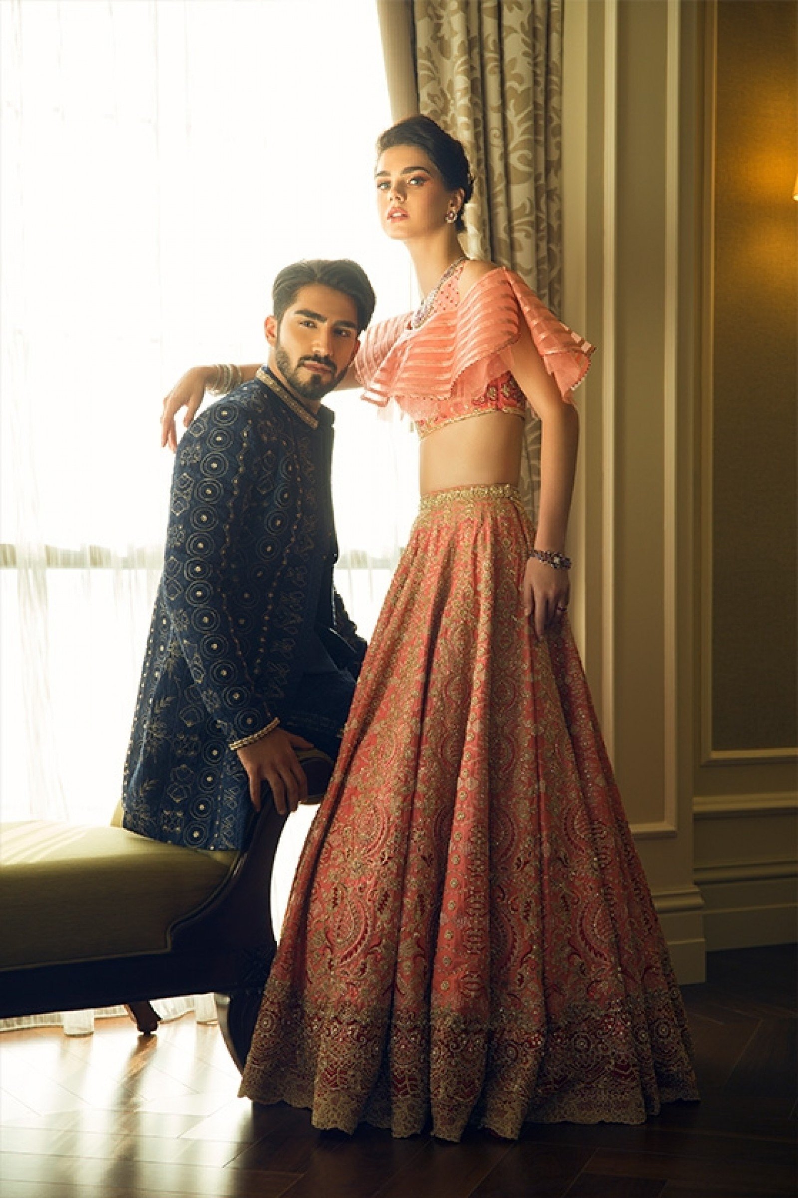 Coral Metallic Brocade Lehenga with Ruffled Cape (2-Piece) - Image 1