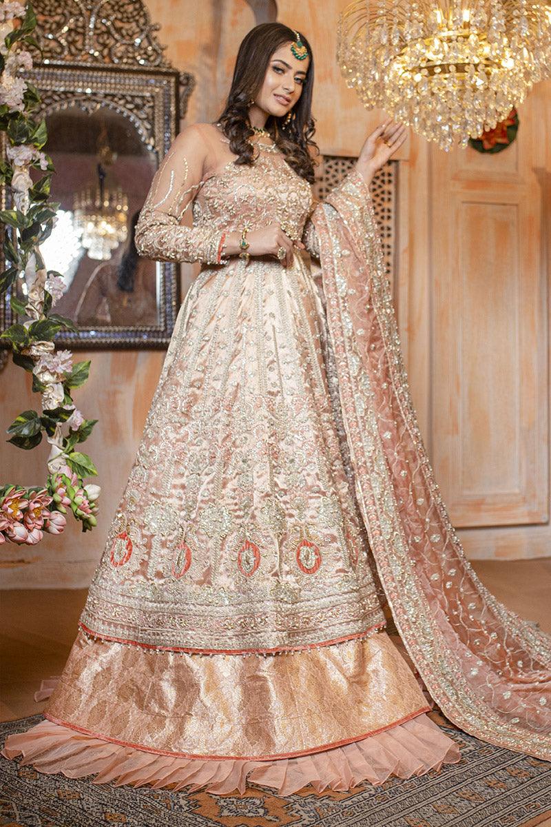 Pakistani Peach Embroidered Multi-Fabric Bridal Lehenga (3-Piece) - Image 2