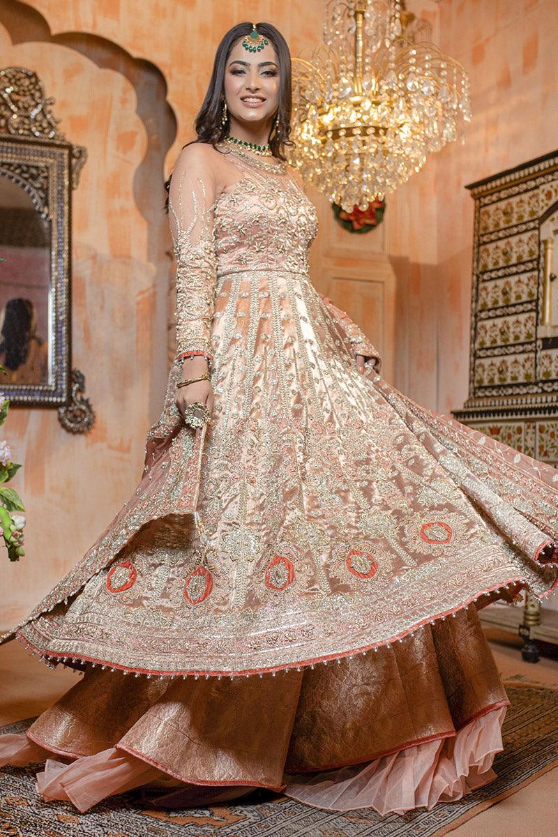 Pakistani Peach Embroidered Multi-Fabric Bridal Lehenga (3-Piece) - Image 4