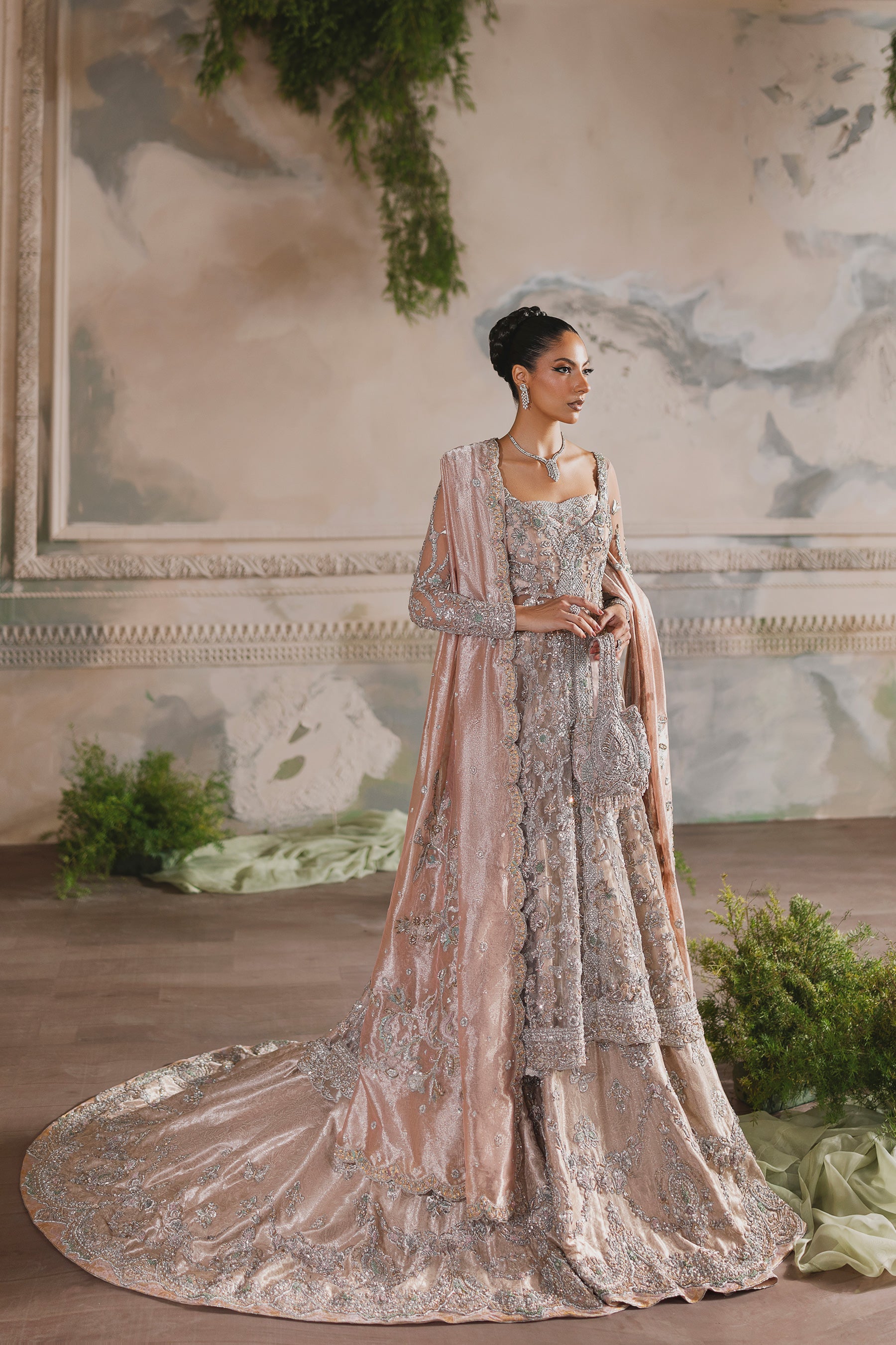 Pakistani Champion Peach Zardozi Net Peshwas & Brocade Lehnga (5-Piece) - Image 1