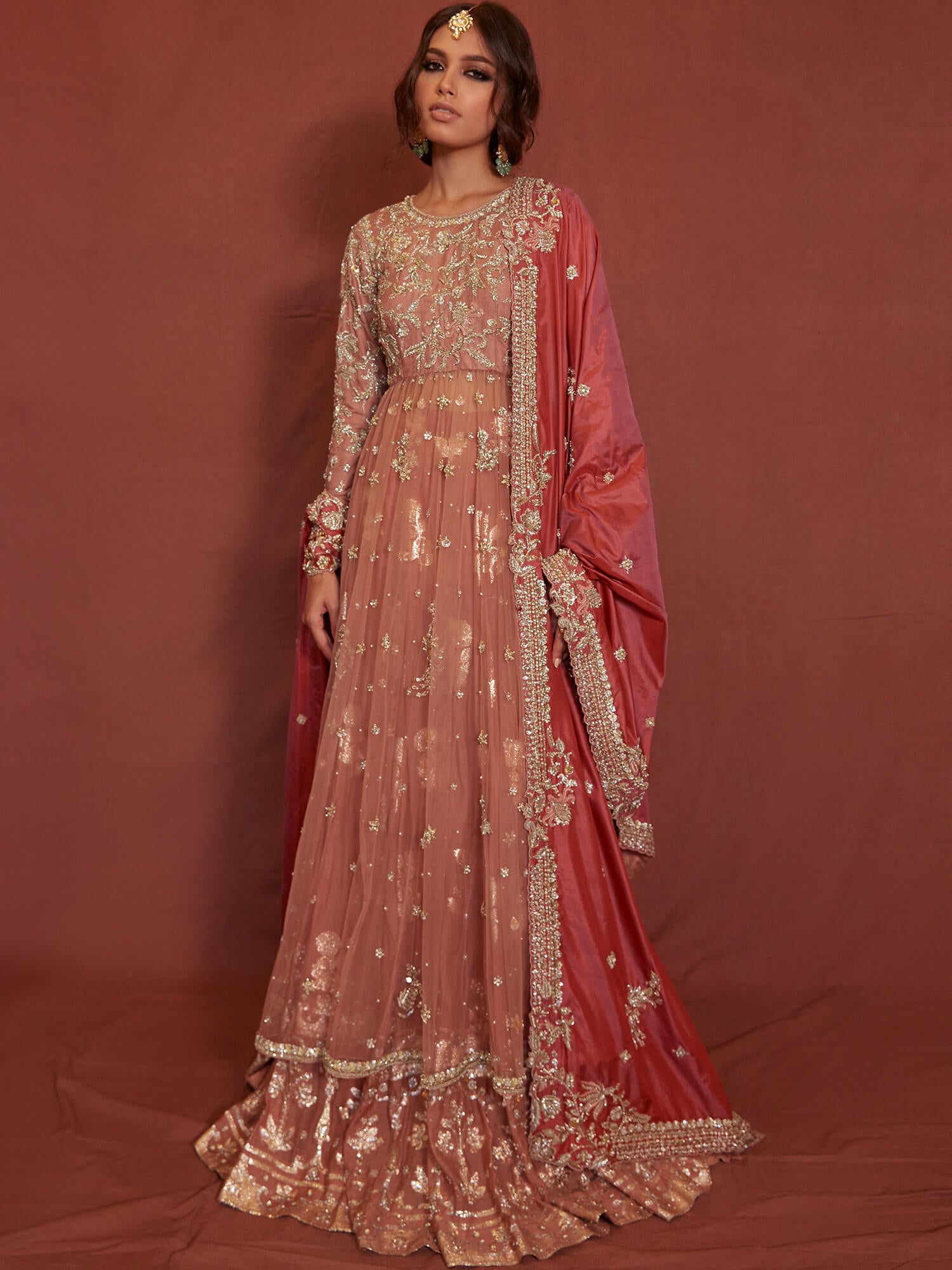 Pakistani Pink Zardozi Butterfly Net & Silk Lehenga (3-Piece) - Image 1