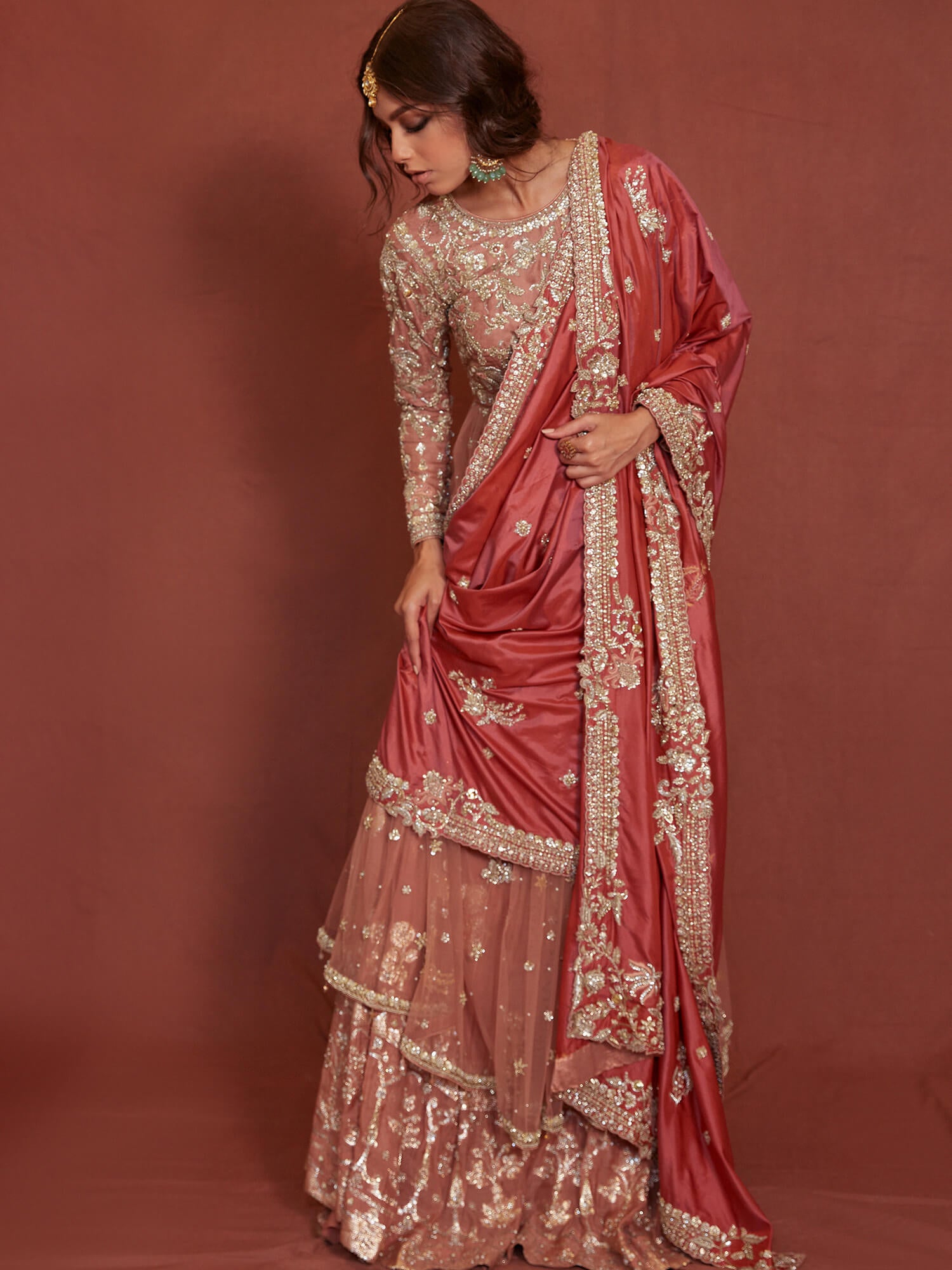 Pakistani Pink Zardozi Butterfly Net & Silk Lehenga (3-Piece) - Image 3