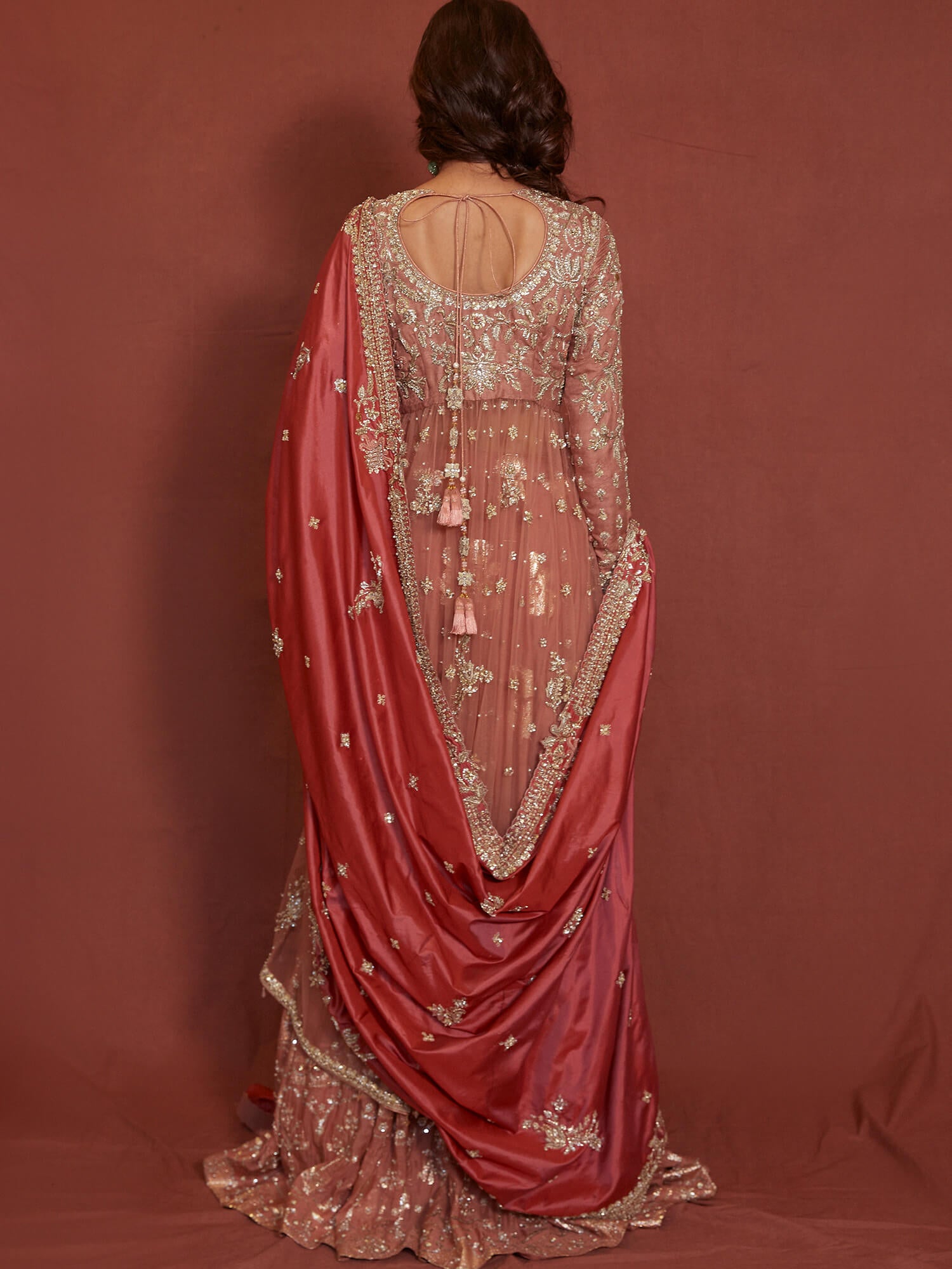 Pakistani Pink Zardozi Butterfly Net & Silk Lehenga (3-Piece) - Image 4