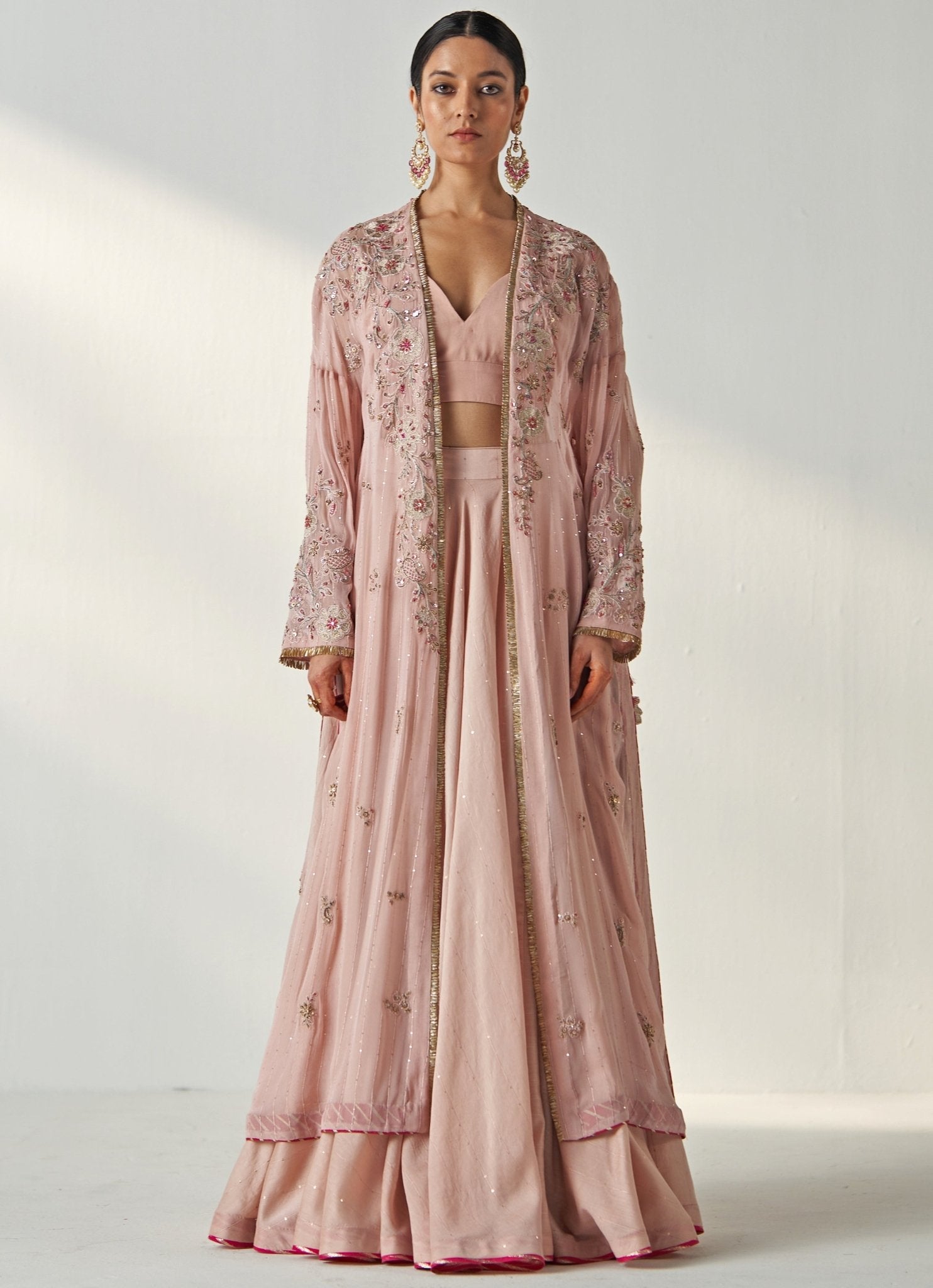 Pakistani Blush Pink Hand-Embroidered Chanderi Lehenga (3-Piece) - Image 1