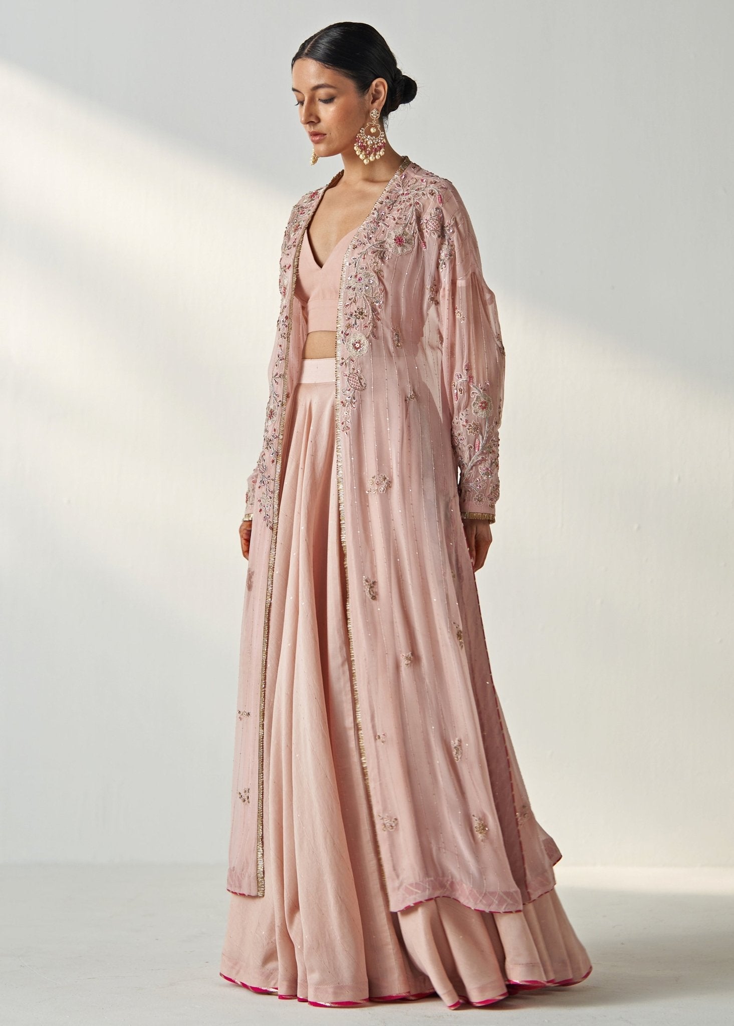 Pakistani Blush Pink Hand-Embroidered Chanderi Lehenga (3-Piece) - Image 2