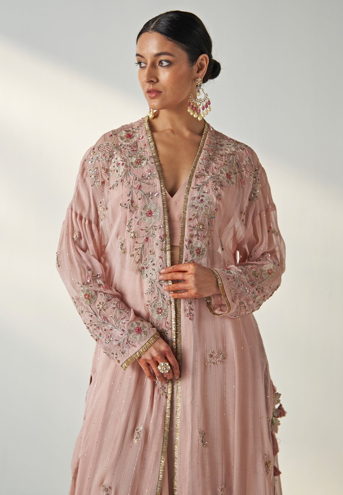 Pakistani Blush Pink Hand-Embroidered Chanderi Lehenga (3-Piece) - Image 3