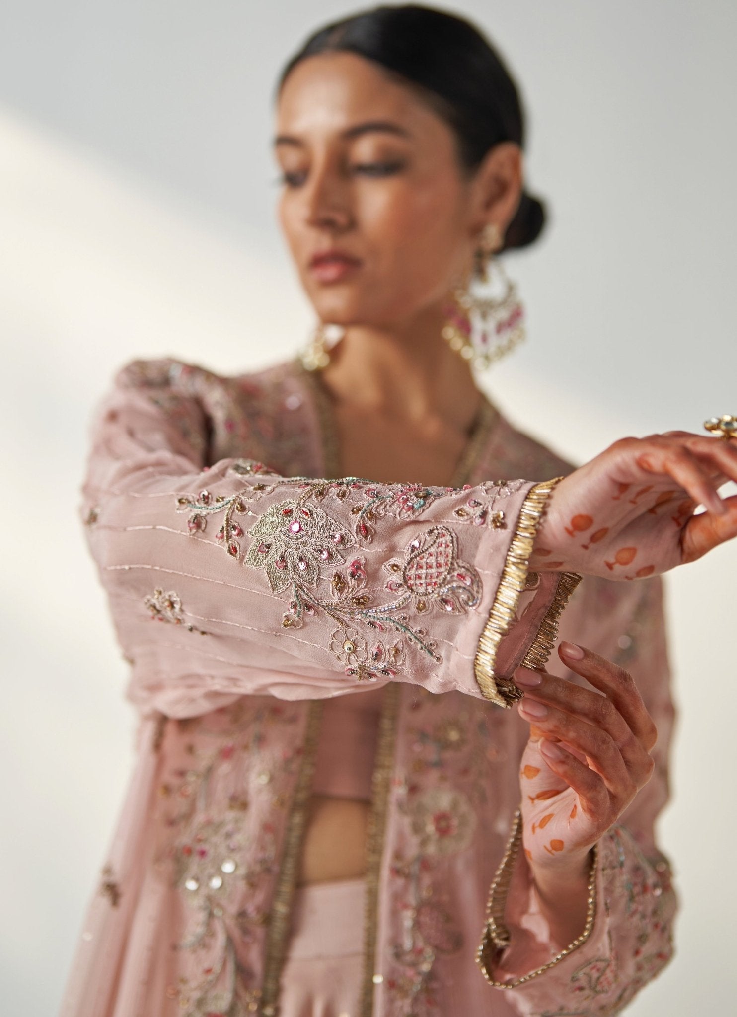 Pakistani Blush Pink Hand-Embroidered Chanderi Lehenga (3-Piece) - Image 5