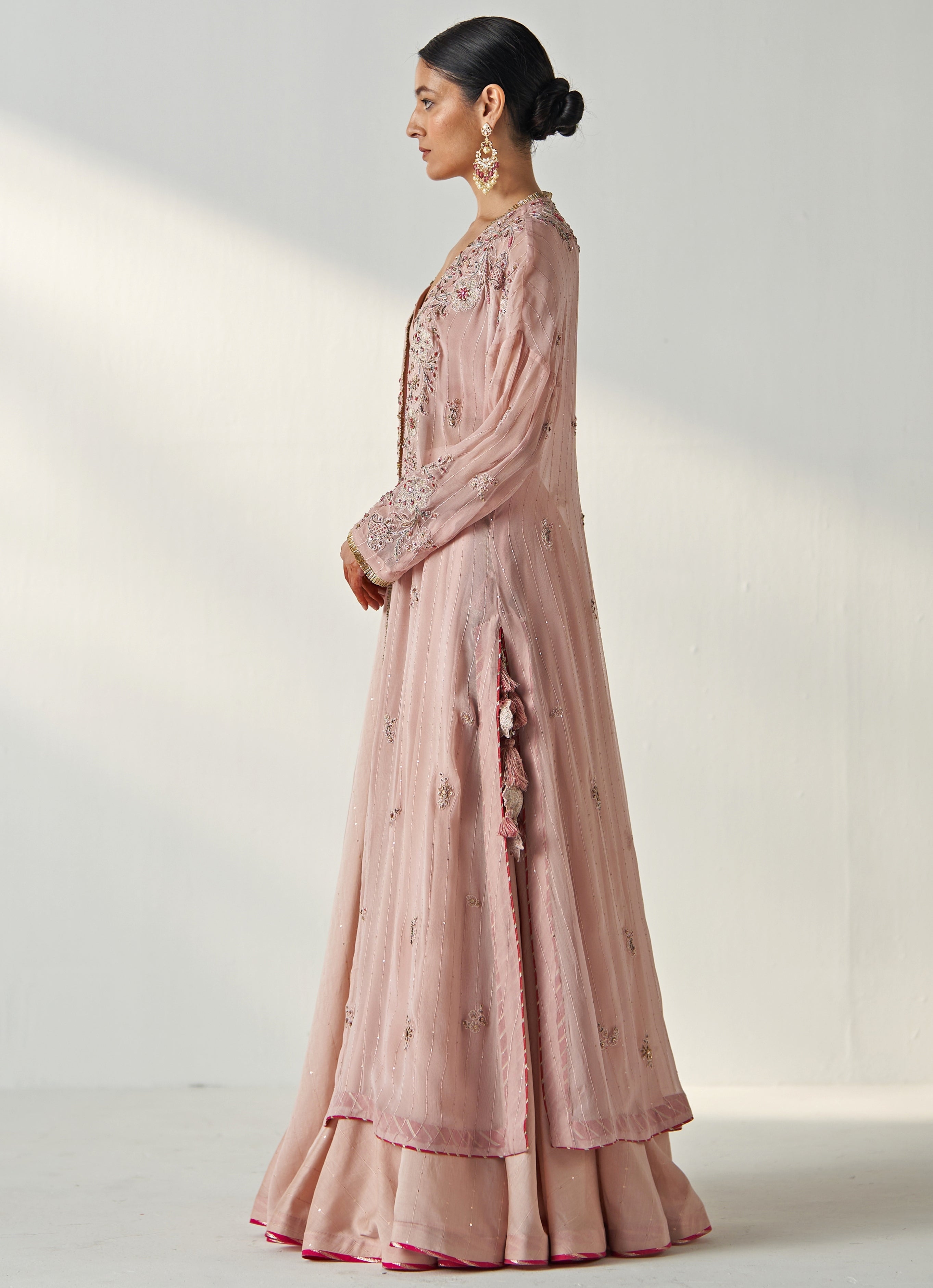 Pakistani Blush Pink Hand-Embroidered Chanderi Lehenga (3-Piece) - Image 6