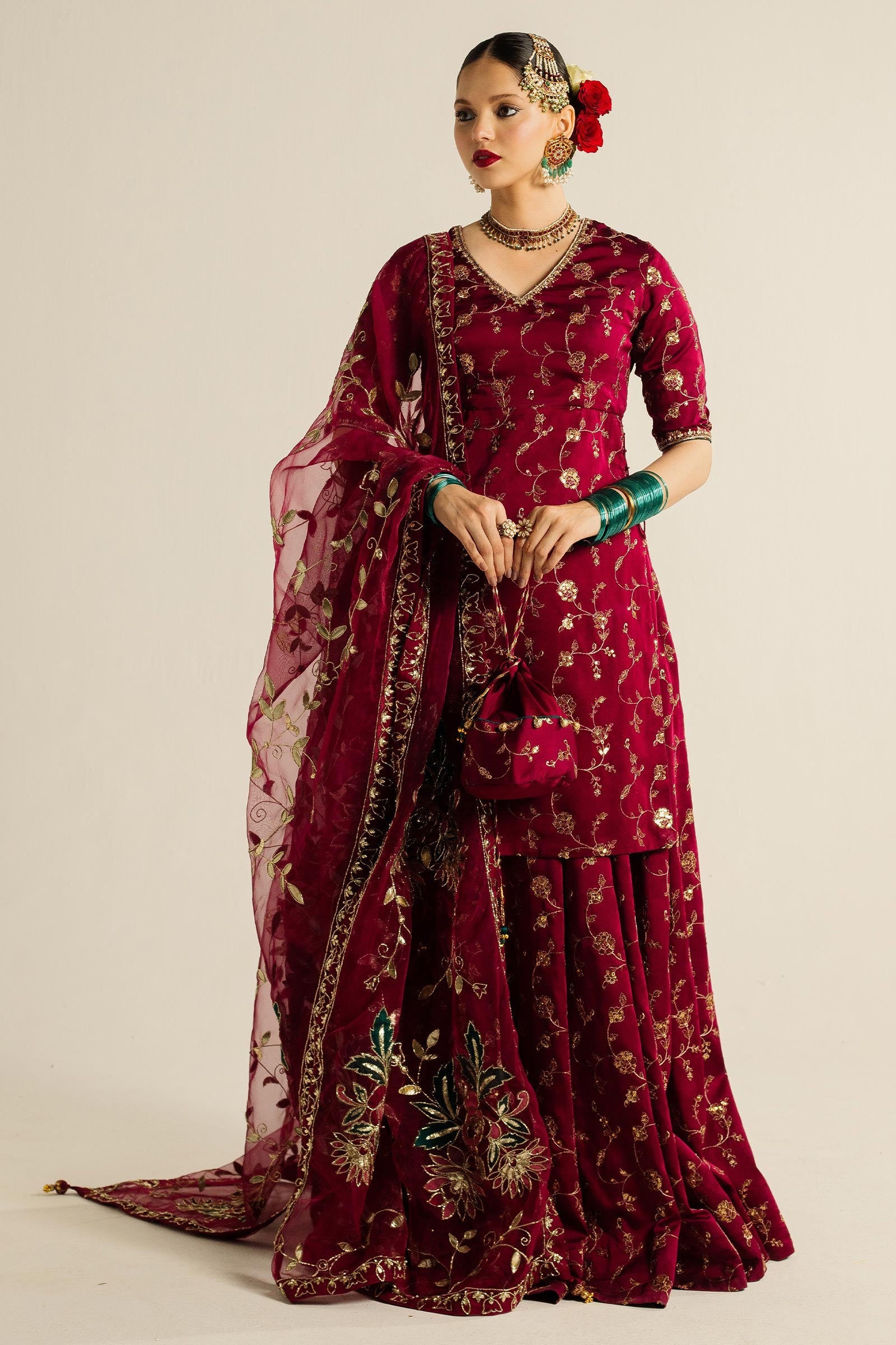 Pakistani Magenta Zardozi Charmeuse Silk Lehenga (3-Piece) - Image 1