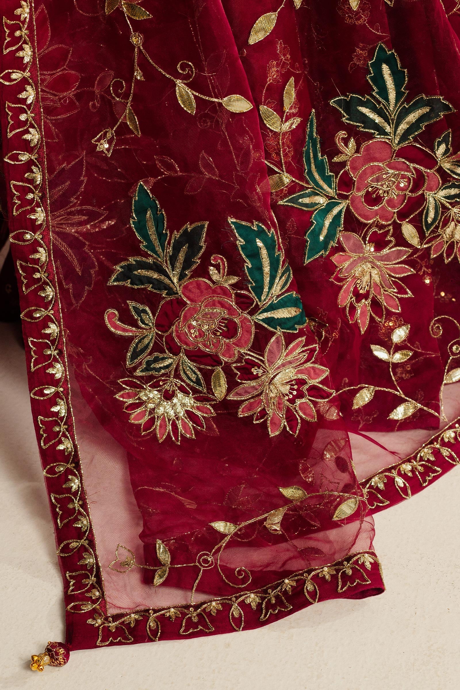 Pakistani Magenta Zardozi Charmeuse Silk Lehenga (3-Piece) - Image 10