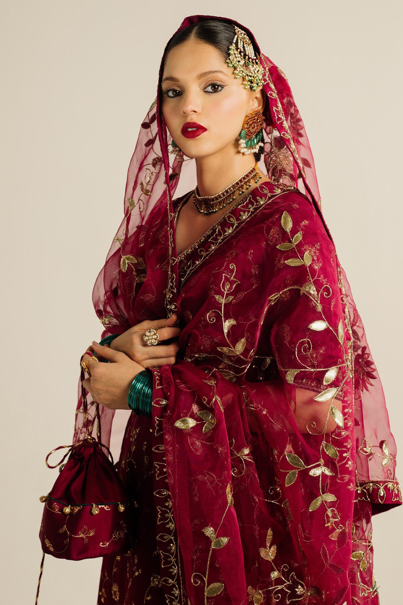 Pakistani Magenta Zardozi Charmeuse Silk Lehenga (3-Piece) - Image 2