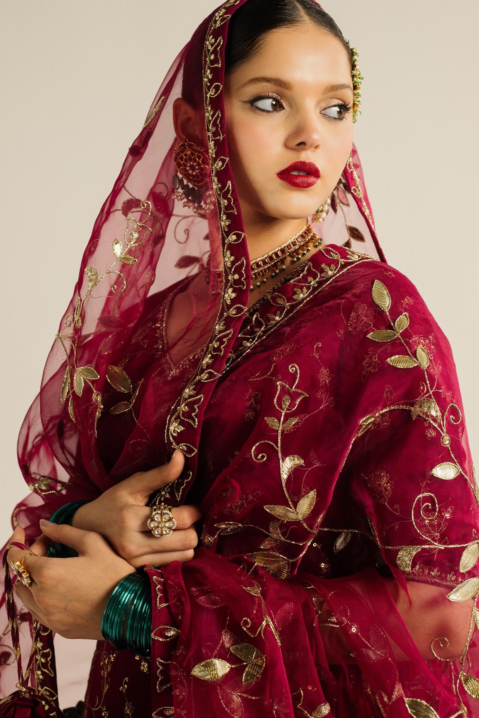 Pakistani Magenta Zardozi Charmeuse Silk Lehenga (3-Piece) - Image 3