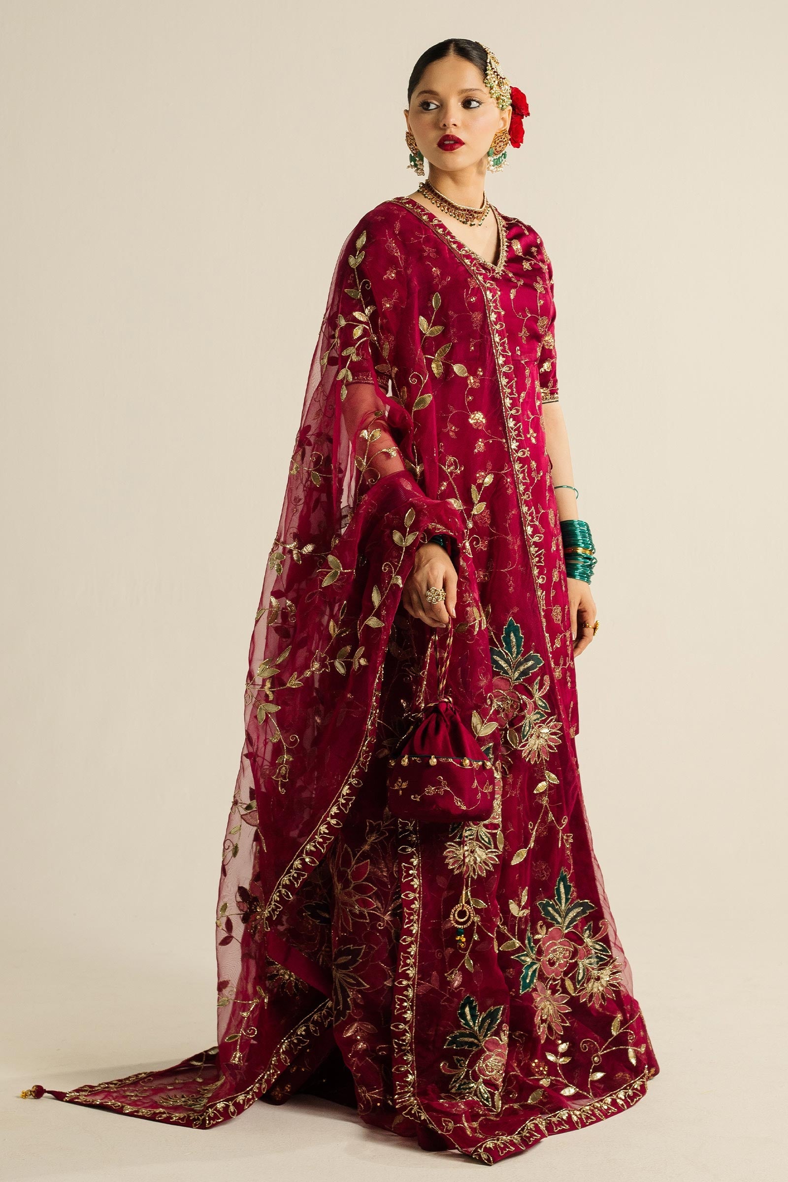 Pakistani Magenta Zardozi Charmeuse Silk Lehenga (3-Piece) - Image 4